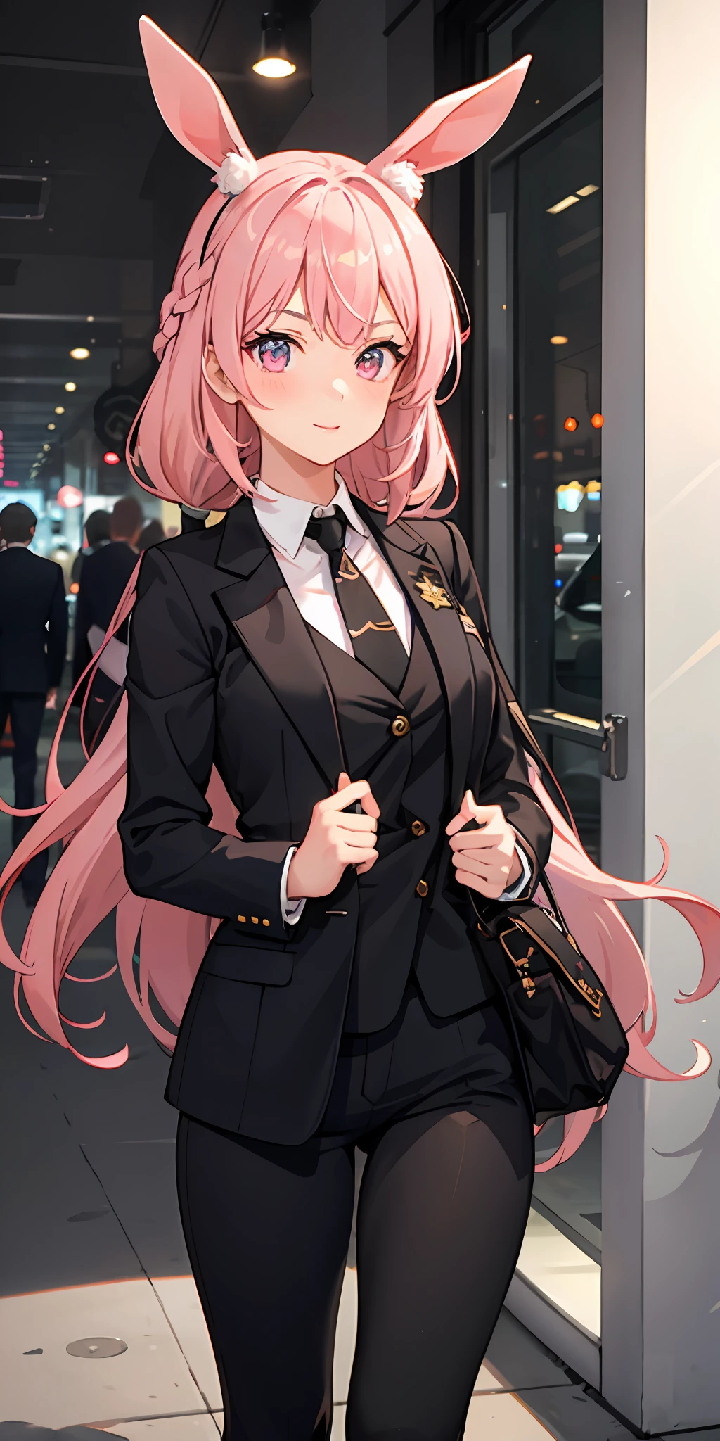 1girll, pippa, Virtual YouTuber, Pink hair, hair adornments, Rabbit ears, Pink eyes, Black suit, Black pants, tiese, FBI, Federal agents,