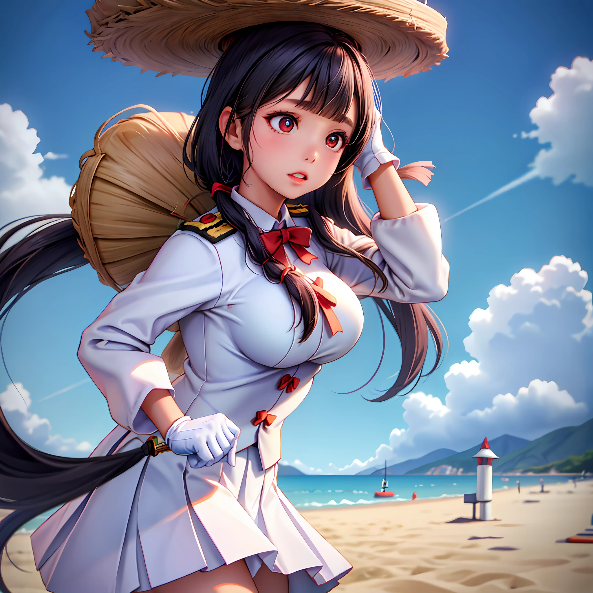 1个Giant Breast Girl，cabelos preto e longos，Qi bangs，Long ponytail，White bow hairpin，red pupils，beauitful face，crisp breasts，Convex buttocks，White military uniform，Double-breasted gold-tone clasp，White pleated skirt，Black stockings，White gloves，Japanese katana in hand，beachside，Naval warships，perfectly proportioned, Cinematic lighting, filmgrain, Fuji colors, lightand shade contrast, 8K, 巨作, Textured skin, Super detail, high detal, High quality, A high resolution,