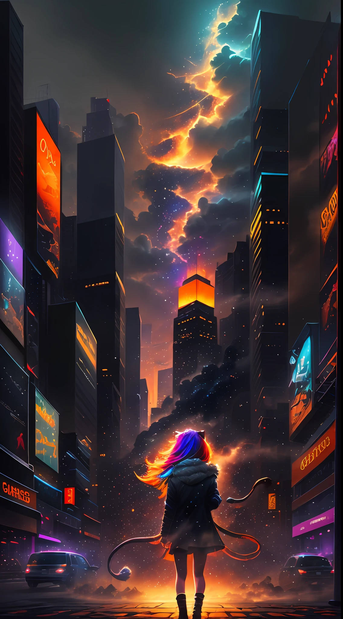 (masterpiece, high quality, highres,illustration), 1girl, galaxy multicolored hair in New york city playing with a lion at night with orange fog, cybercity, high detailed lion face,