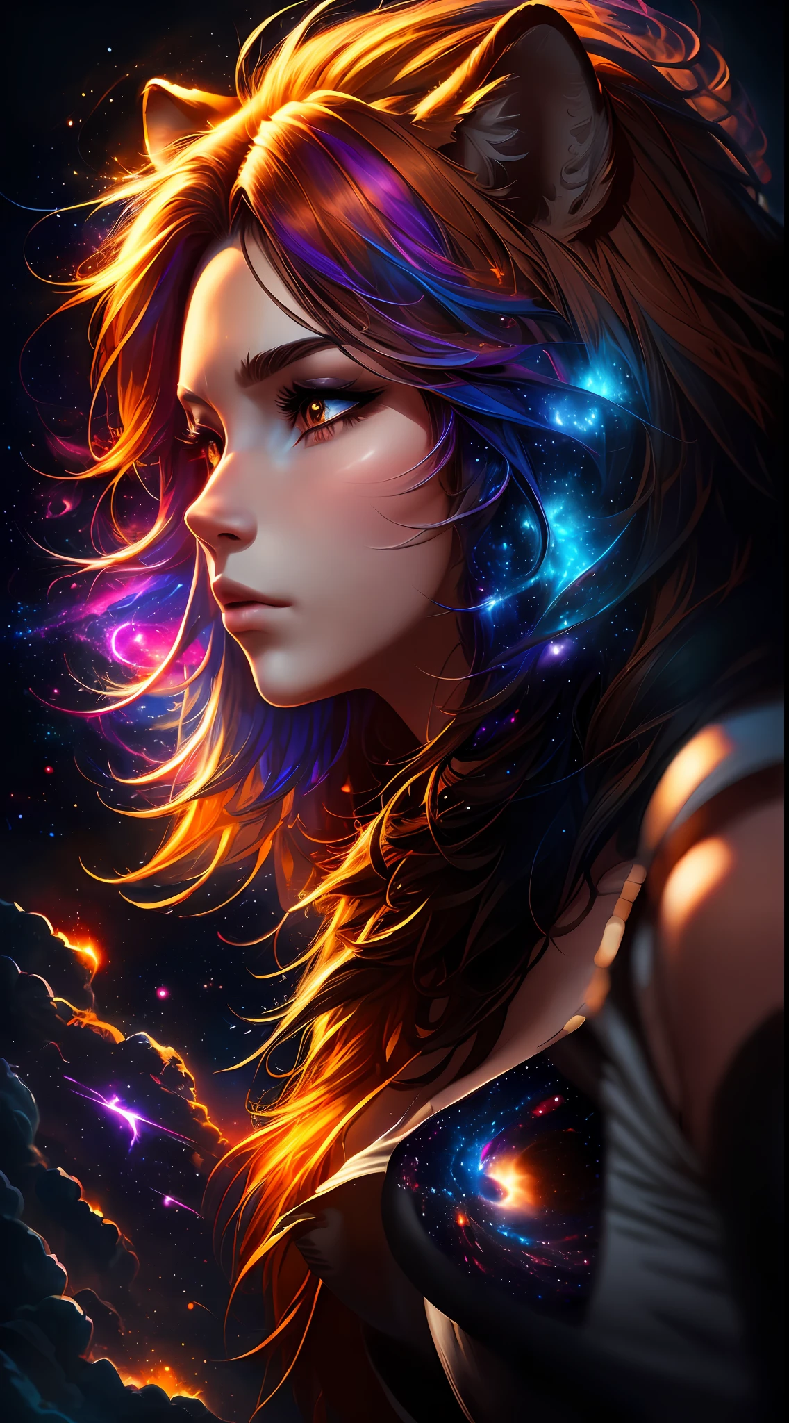 (masterpiece, high quality, highres,illustration), 1girl, galaxy multicolored hair in New york city playing with a lion at night with orange fog, cybercity, high detailed lion face,