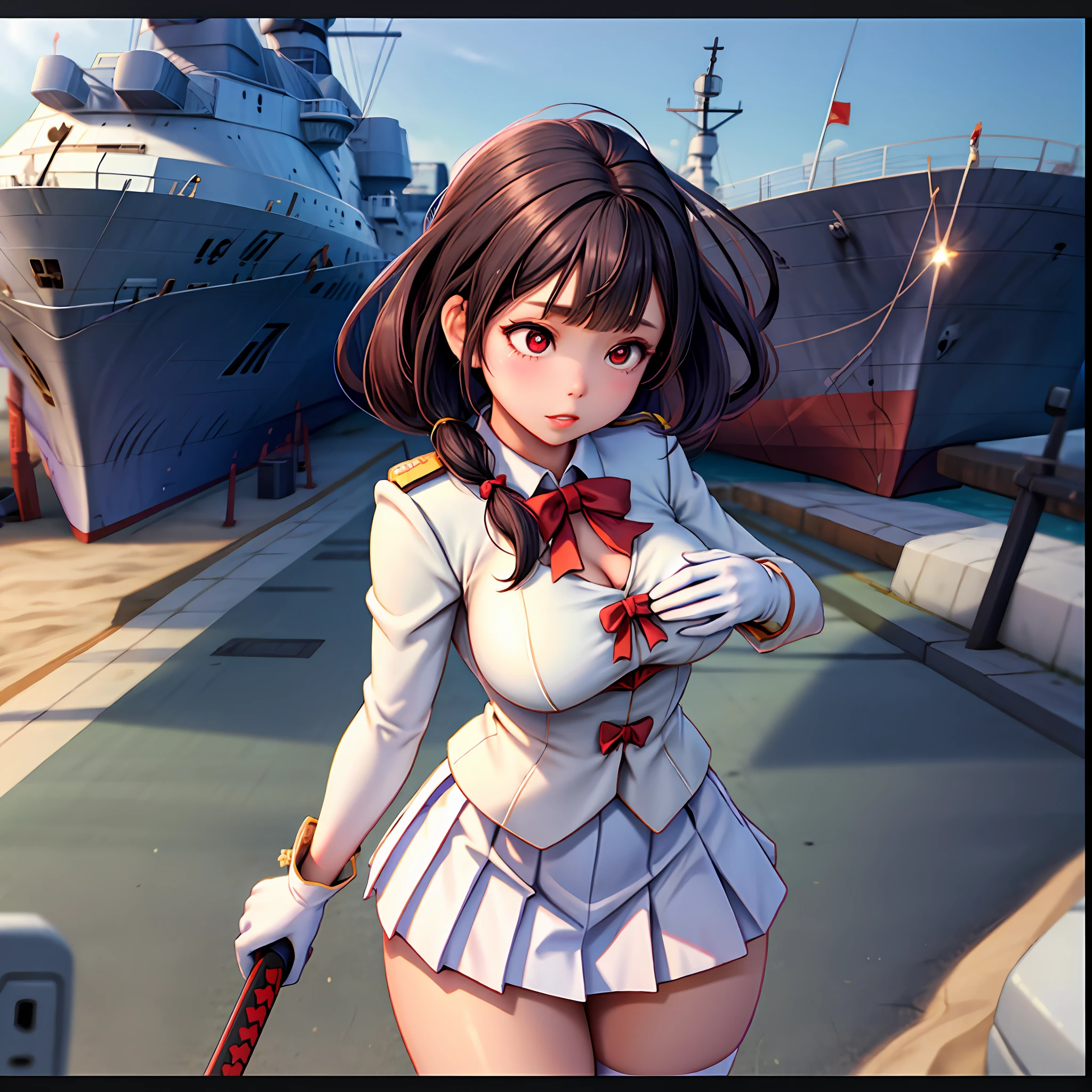 1个Giant Breast Girl，cabelos preto e longos，Qi bangs，Long ponytail，White bow hairpin，red pupils，beauitful face，crisp breasts，Convex buttocks，White military uniform，Double-breasted gold-tone clasp，White pleated skirt，Black stockings，White gloves，Japanese katana in hand，beachside，Naval warships，perfectly proportioned, Cinematic lighting, filmgrain, Fuji colors, lightand shade contrast, 8K, 巨作, Textured skin, Super detail, high detal, High quality, A high resolution,