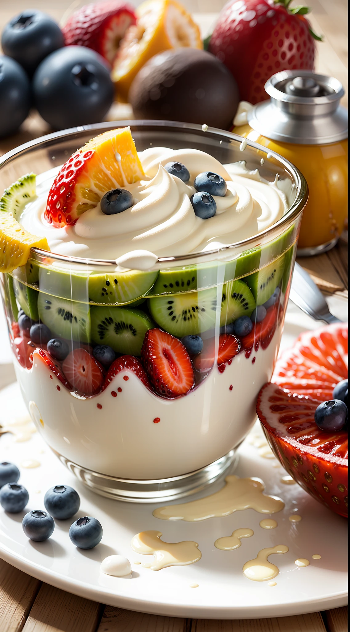(((Multi-layered jelly))) glass, stained glass windows, Multi-colored highlights, tmasterpiece, Top Quality, Experience, Chic, Boho-chic, a gold, utensil, kettle, a cup, plate, crystals, with floral print, 2 tablespoons chia seeds 1 cup milk (can be cow's milk, vegetable milk or yogurt) 1 teaspoon vanilla extract of your choice (optional) Chopped fresh fruits (For example, strawberries, kiwi, mango, blackberry, raspberry, cherry, carom, blueberries, etc.) Marengo, cookies, for topping --auto --s2