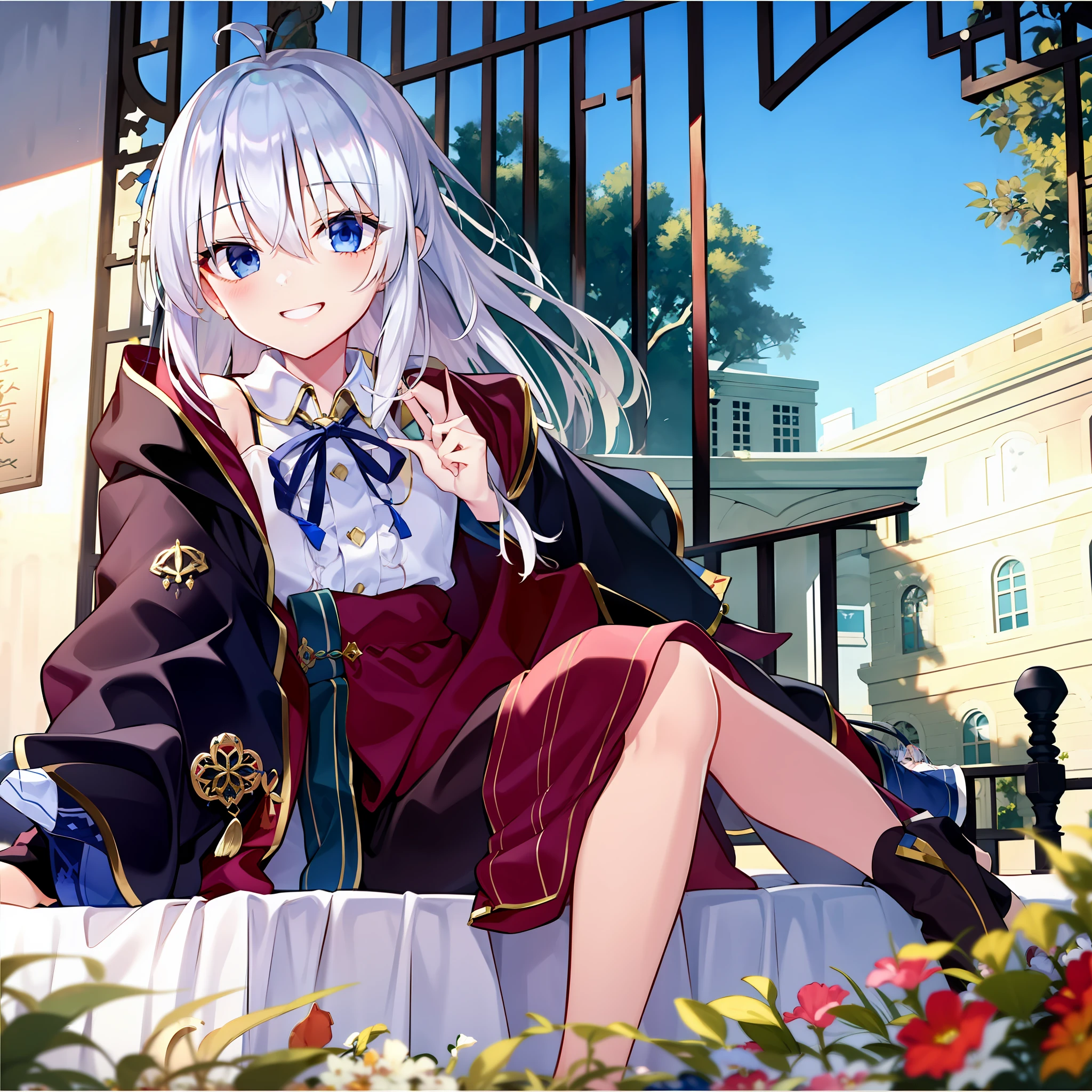 A beautiful girl with white hair lies on a bed in an open-air house,Face to sky,Point your finger to the sky with a happy face。B cup left and right