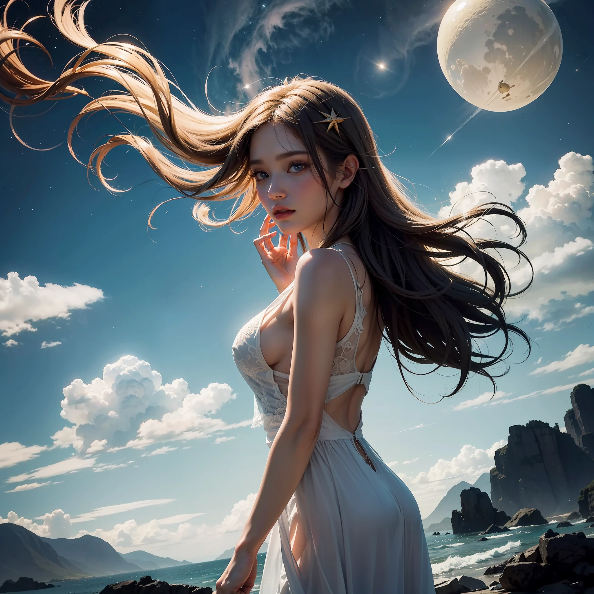 (Best quality),(masterpiece),(ultra detailed),(high detailed),(extremely detailed),Subject: Anime Sky Dreamscapes
Medium: Digital illustration or traditional painting.
Resolution: 4000x2000 pixels.
Color Palette: Soft pastel colors with a mix of vibrant hues.
Mood: Magical, ethereal, and serene.
Composition: Expansive skies with floating islands, whimsical clouds, and other dreamlike elements.
Lighting: Soft, diffused lighting with a warm, golden glow.
Style: Anime-inspired with a touch of fantasy and surrealism.
Details: Include elements such as shooting stars, colorful nebulae, fluffy clouds, and mystical creatures.
Inspiration: Anime fantasy worlds, Studio Ghibli films, surreal art, and celestial imagery.
Camera Setup: None (since it's a digital illustration).
Additional Notes: Emphasize the vastness and beauty of the sky by creating a sense of depth and space. Experiment with various cloud formations and shapes, ranging from fluffy cumulus clouds to wispy cirrus clouds. Incorporate celestial elements like moons, stars, and galaxies to enhance the dreamy atmosphere. Use soft brush strokes and blending techniques to create a seamless and ethereal look. Play with lighting effects, such as gentle rays of sunlight or glowing orbs, to add a magical touch. Consider adding whimsical creatures like flying dragons or floating jellyfish to bring a sense of wonder to the scene. Don't be afraid to let your imagination soar and create a dreamlike world that captures the essence of anime fantasy. --auto