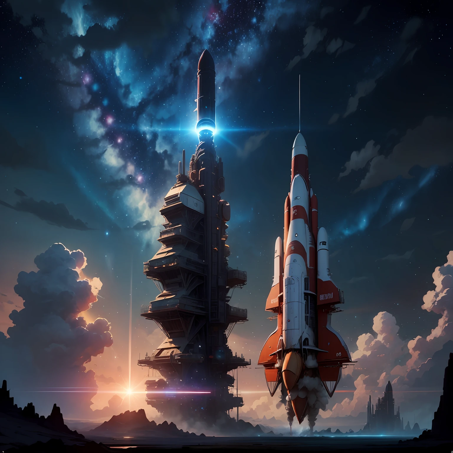 starry sky, science fiction, sun, rocket, Chinese flag --auto