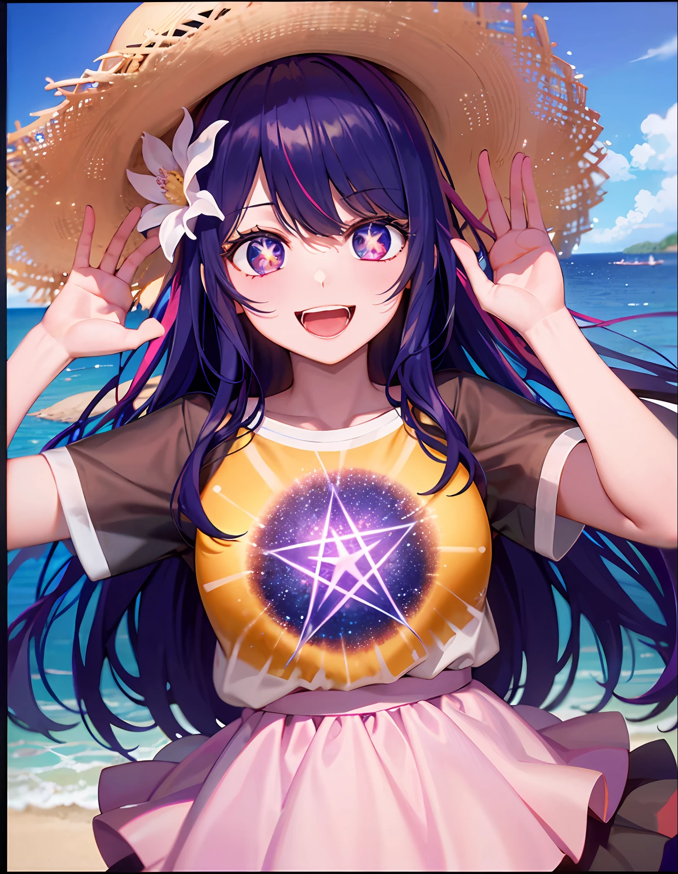 tmasterpiece,Need,full bodyesbian,1girll,((The pupil of the pentagram)),Smile ,Open mouth ,short sleeve T-shirts,short skirt,Round flower hat,beachside,precipice,sunraise