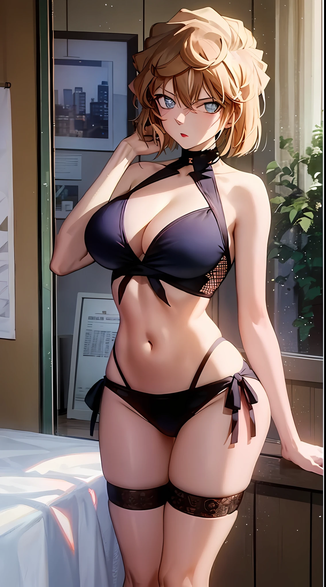 tmasterpiece， High- sharpness， high high quality， 详细的脸， detailed body render， 1girl， 独奏，big cleavage breasts，， sleeveless shirts， Fishing net clothing， Dark lips， no brassiere， breasts out， standing on your feet， Be red in the face， （on bedroom）