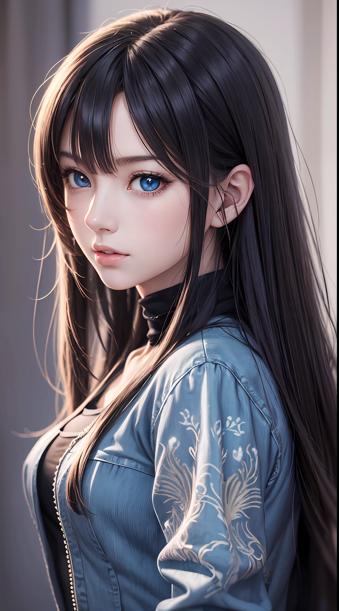 Anime girl with long black hair and blue eyes，Smooth anime CG art，Realistic anime 3 D style，Realistic anime art style，Detailed digital anime art，Digital anime illustration，Realistic anime art style，Kawaii realistic portrait，detailed portrait of an anime girl，a beautiful anime portrait，photorealistic anime girl rendering，Realistic young anime girl， portrait anime girl