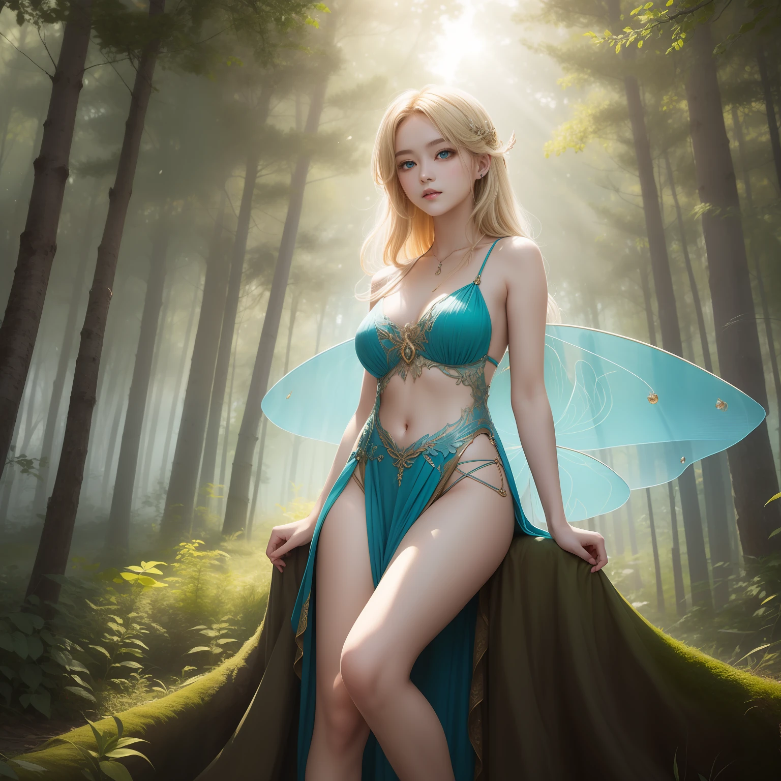 （​masterpiece）8K分辨率、top-quality、Light Fairy with Fire Around、beige blonde hair、Turquoise eyes、Hazel eyes、Delicate body、fantasy-inspired、Background of sunlight through trees、Delicate full-body image
