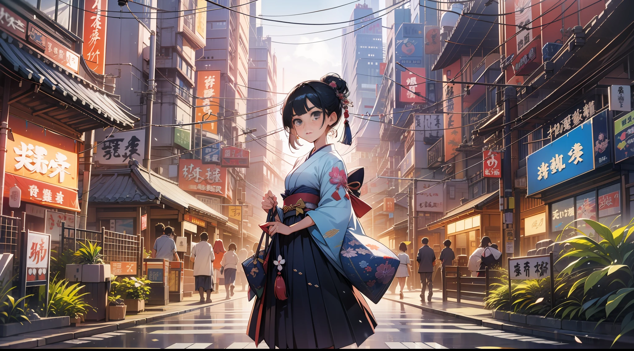 There is a woman in a Japanese-style dress posing for a photo, Sexy girl, Japanese girl, trending on cgstation, Wears a wide Japanese uniform, trending at cgstation, Sexy :8, japanaese girl, Rich Japanese style, 2 d cg, Japanese model, Attractive girl, 4 k post, Beautiful Japan Girl, 4k post, gorgeous japanese model,there is a stone clock tower on the side of a street, a picture inspired by Kōno Michisei, unsplash, shin hanga, japanese downtown, tokyo street cityscape, cyberpunk streets in japan, Japan city, tokyo akihabara street cityscape, photograph of the city street, cyberpunk gunma prefecture, tokyo prefecture, tokyo street background, street japan, tokyo japan