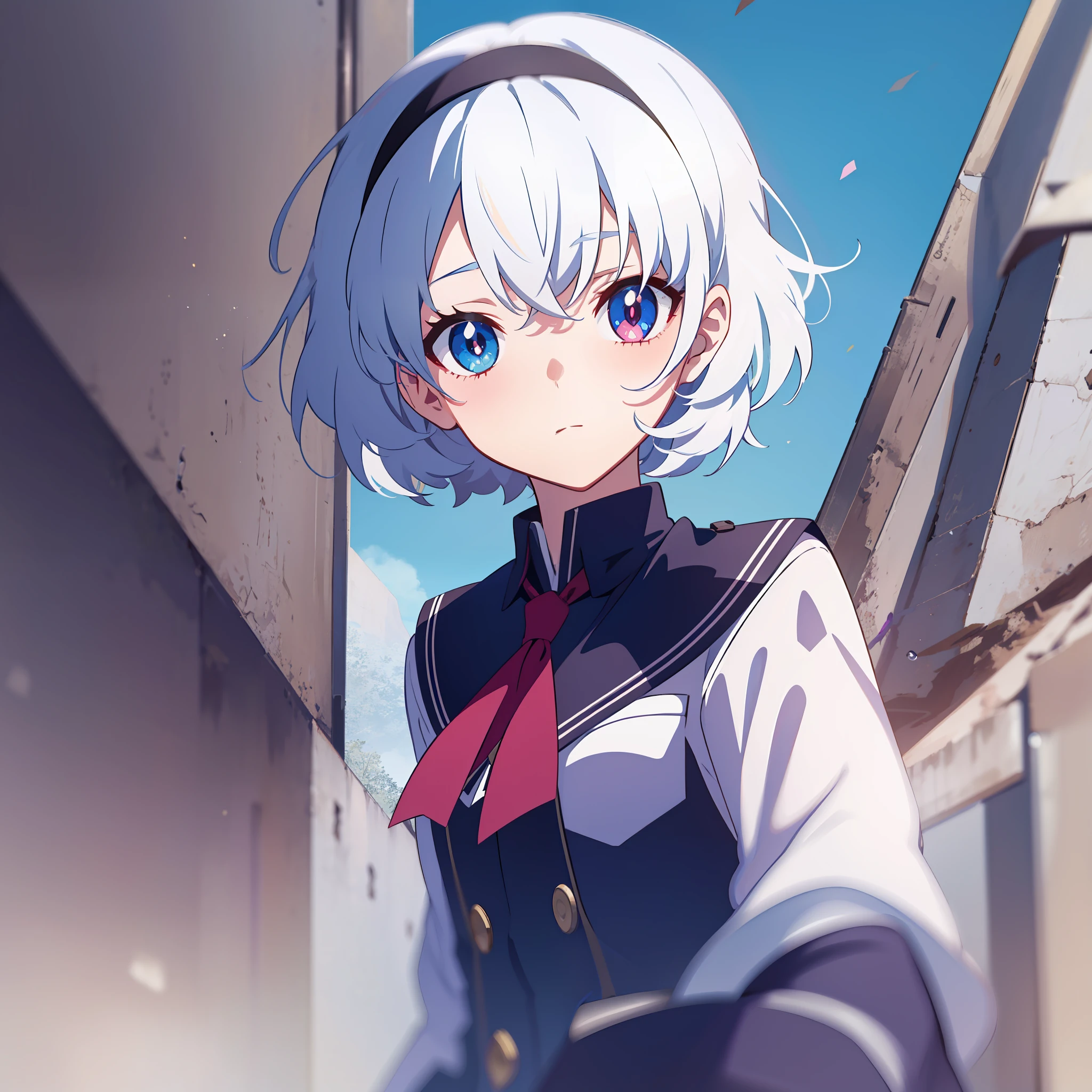 Anime characters with white hair and blue eyes, anime visual of a cute girl, Anime moe art style,Girl with short white hair, Shoujo white hair young anime girl, official character art,Suit school uniform，teens girl，White hair sky blue gradient，red hairband，Heterochromic pupils，tilts your head，face expressionless,underage，flatchest，apathy，Short ponytail hair