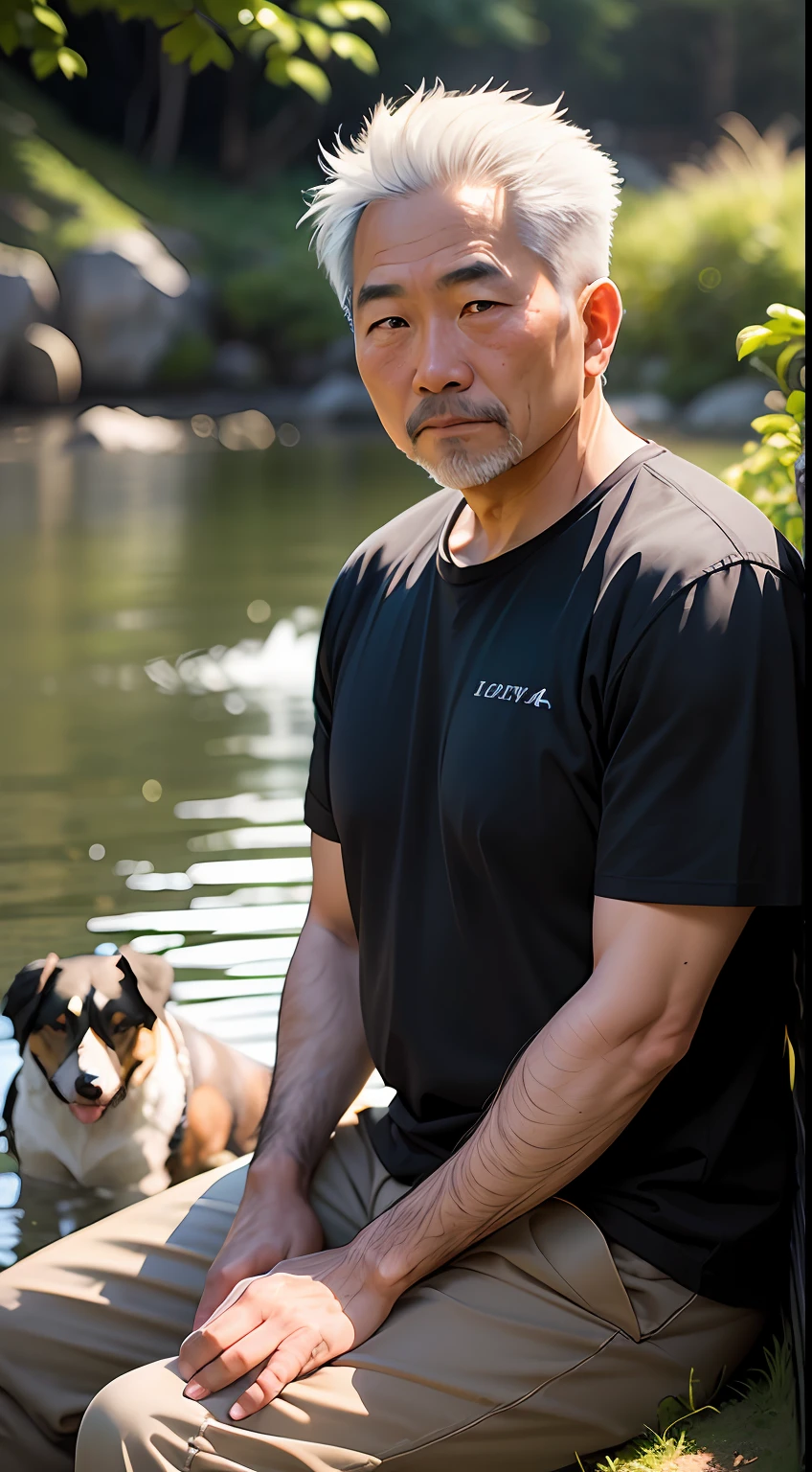 An Asian man, about 40 years old, gray hair, brown eyes, black shirt, sitting by the river, holding a dog beside him, 50mm lens portrait, 50mm portrait, old man 50 years old, photo of man, photo taken with sony a7r, portrait 8k, taken with sony alpha 1 camera