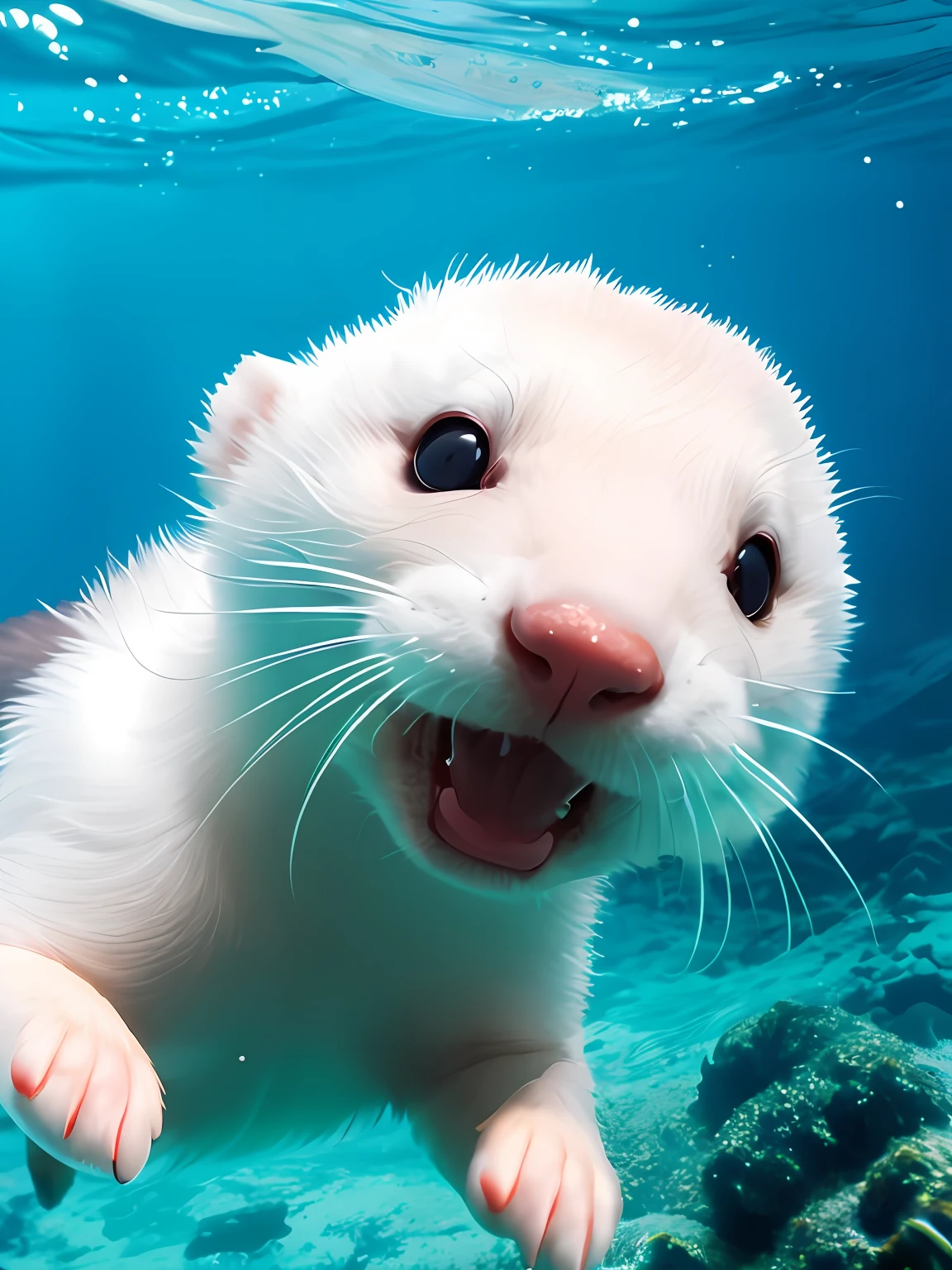 There is a white animal swimming in the water, weasel - ferret - stoat ) ], furry ferret, cute otter, weasel - ferret - stoat ), Giant ferrets, weasel, ermine, adorable creature, cute animal, the cutest creature in the world, the cutest creature in the world, lovely digital painting, Cuteness