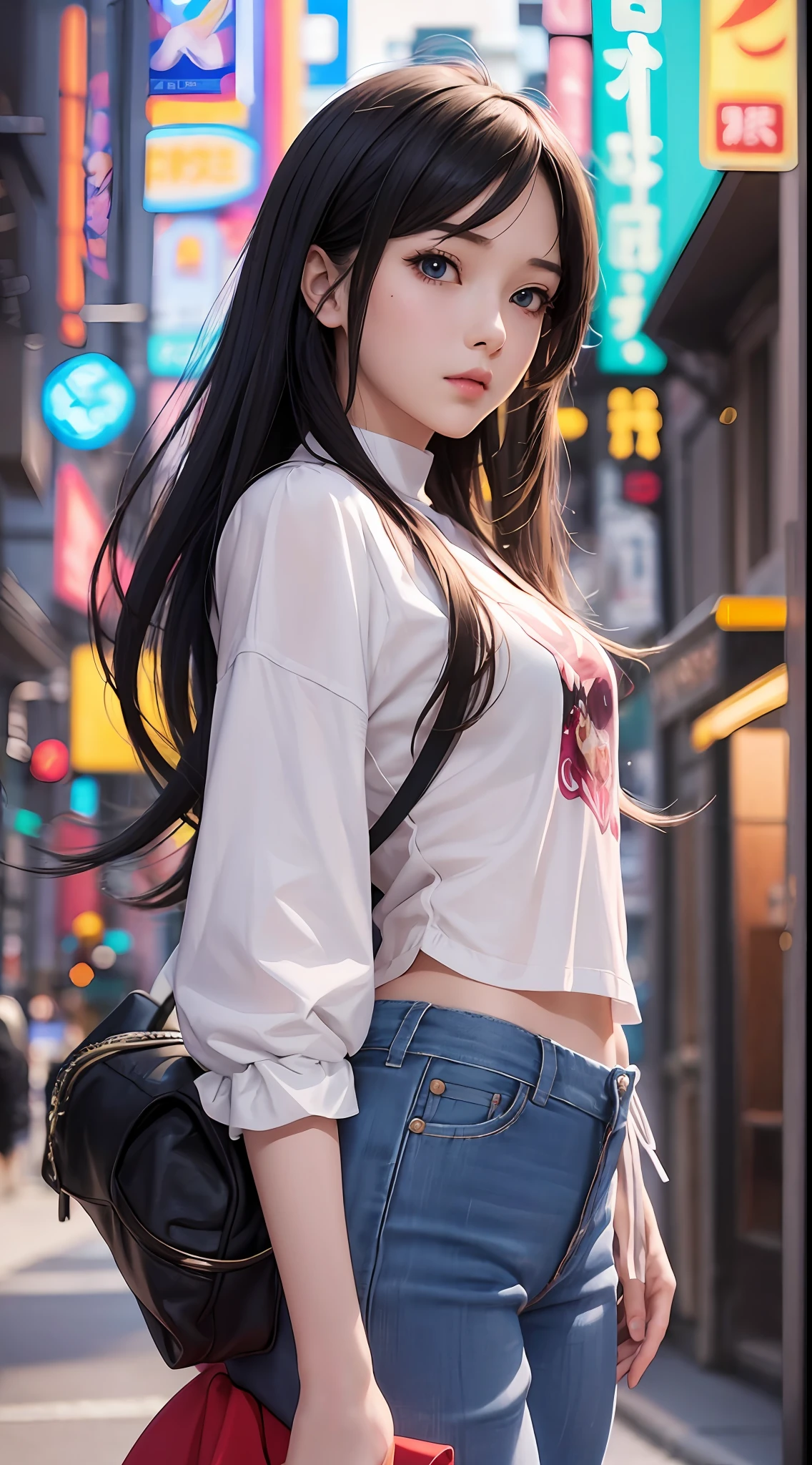 Anime girl with long black hair and blue eyes,Smooth anime CG art,Realistic anime 3 D style,Realistic anime art style,Detailed digital anime art,Digital anime illustration,Realistic anime art style,Kawaii realistic portrait,detailed portrait of an anime girl,a beautiful anime portrait,photorealistic anime girl rendering,Realistic young anime girl, portrait anime girl,Wear high heels,streetview。