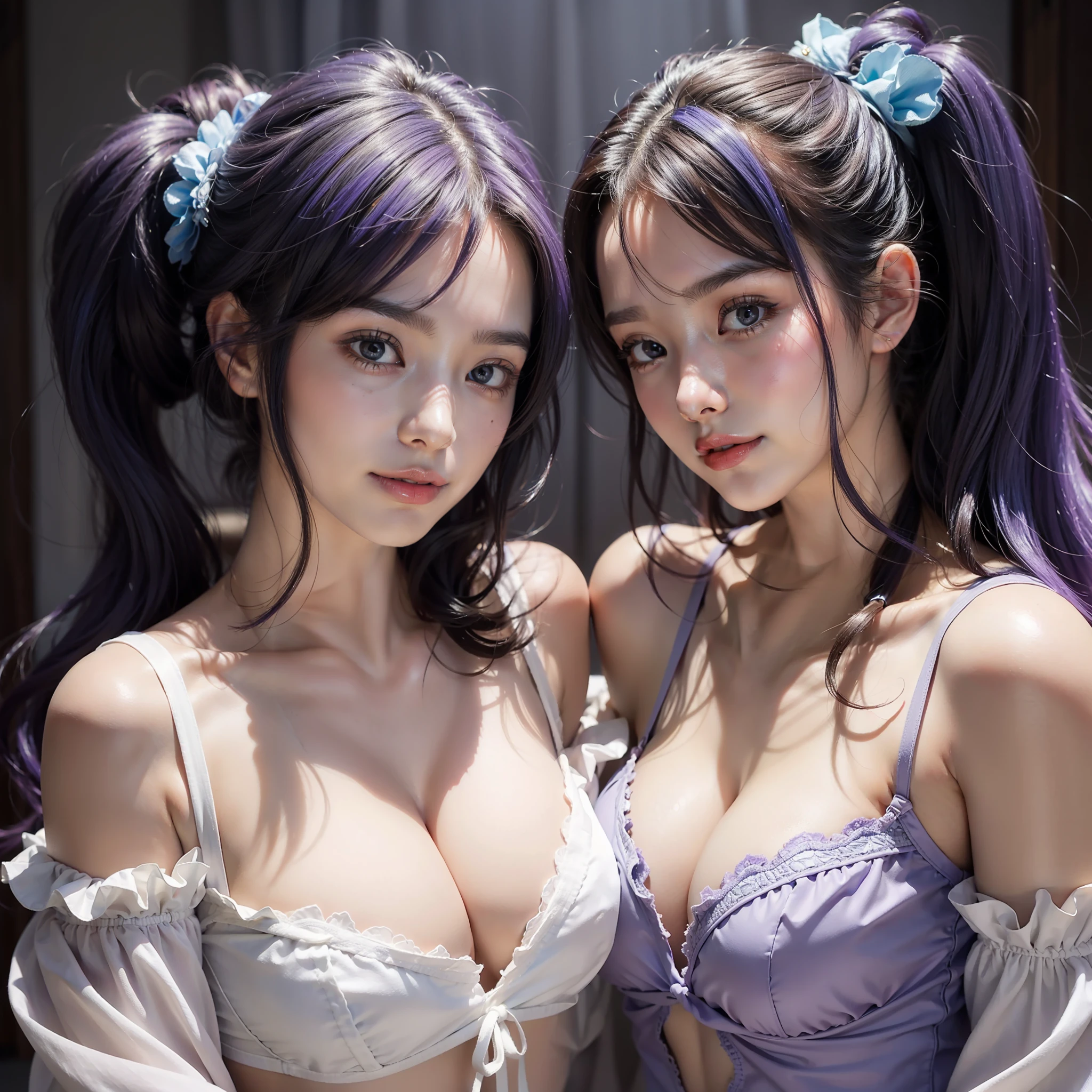 Colorful hair（Purple and blue gradient）、short twintails、Beautuful Women、beautidful eyes、Dazzling smile、Soft skin、Official art、​masterpiece、Extremely delicate modeling、top-quality、Photorealsitic、8k picture、hiquality、large full breasts、Princess、In face（Rounded face）、an lingerie