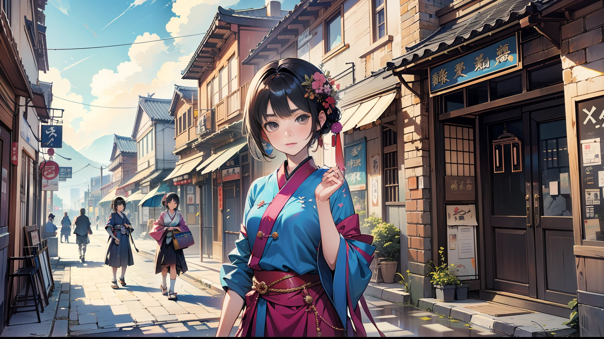 There is a woman in a Japanese-style dress posing for a photo, Sexy girl, Japanese girl, trending on cgstation, Wears a wide Japanese uniform, trending at cgstation, Sexy :8, japanaese girl, Rich Japanese style, 2 d cg, Japanese model, Attractive girl, 4 k post, Beautiful Japan Girl, 4k post, gorgeous japanese model,there is a stone clock tower on the side of a street, a picture inspired by Kōno Michisei, unsplash, shin hanga, japanese downtown, tokyo street cityscape, cyberpunk streets in japan, Japan city, tokyo akihabara street cityscape, photograph of the city street, cyberpunk gunma prefecture, tokyo prefecture, tokyo street background, street japan, tokyo japan