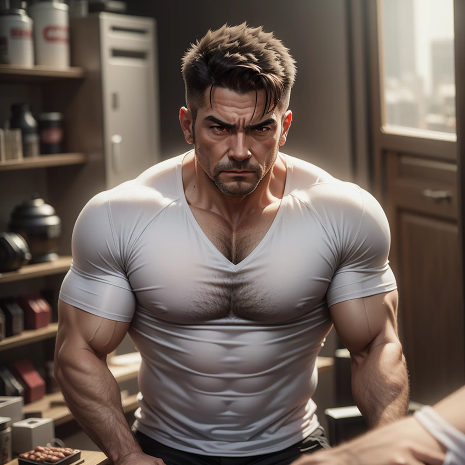 Strong and sturdy middle-aged male，Grow a delicate beard，The upper body is strong and powerful，Strong pectoral muscles，The arms are thick and stout，Wear a stylish shoulder vest。 --auto