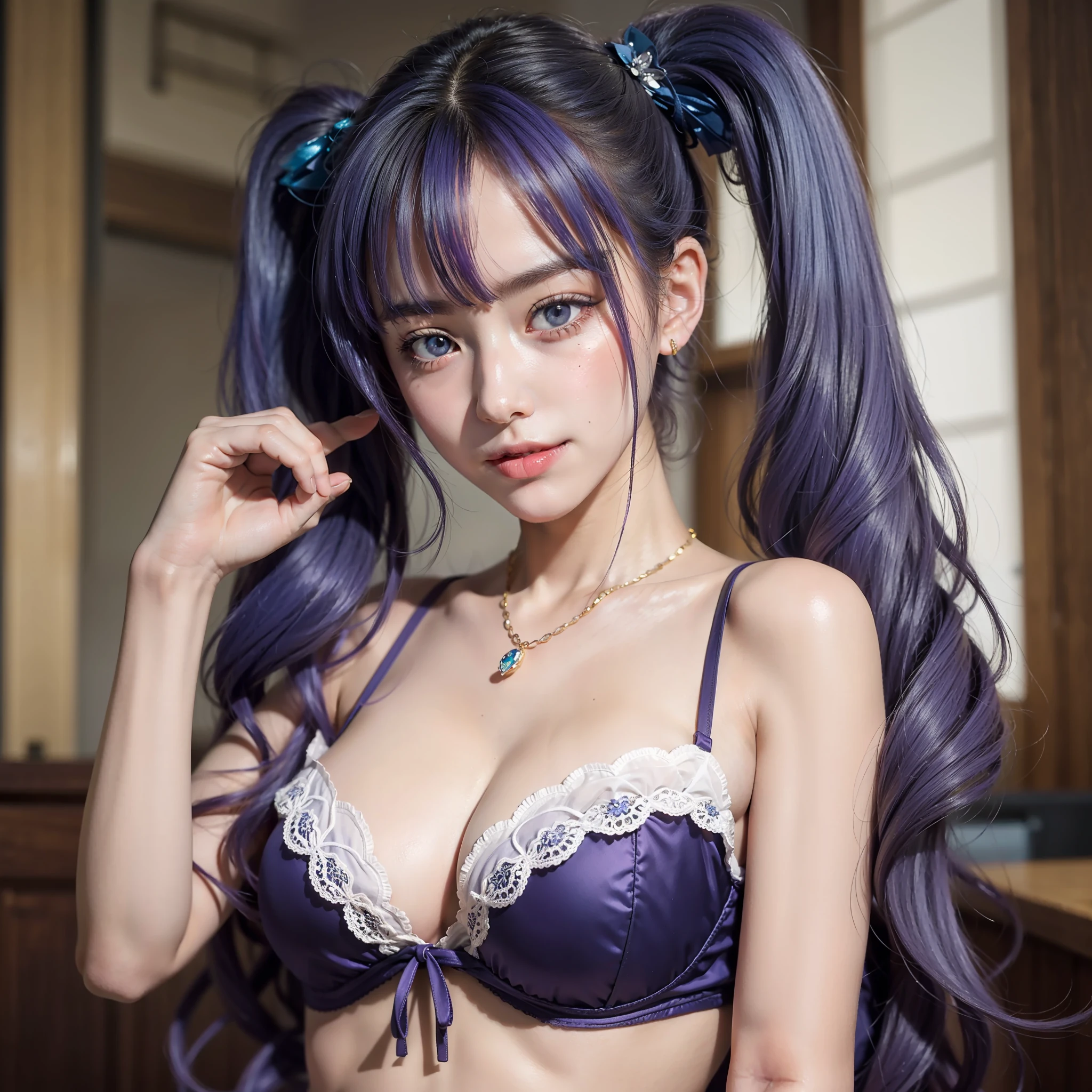 Colorful hair(Purple and blue gradient)、short twintails、Beautuful Women、beautidful eyes、Dazzling smile、Soft skin、Official art、masterpiece、Extremely delicate modeling、top-quality、Photorealsitic、8k picture、hiquality、large full breasts、Princess、Infant face(Rounded face)、an lingerie