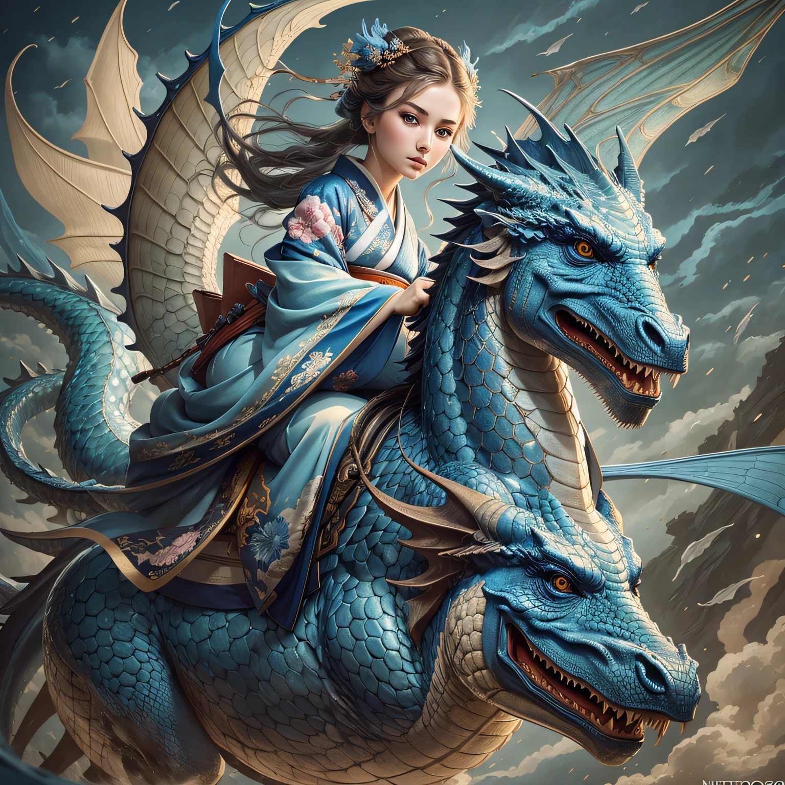 Children riding on double-headed dragons，The body has angelic wings --auto