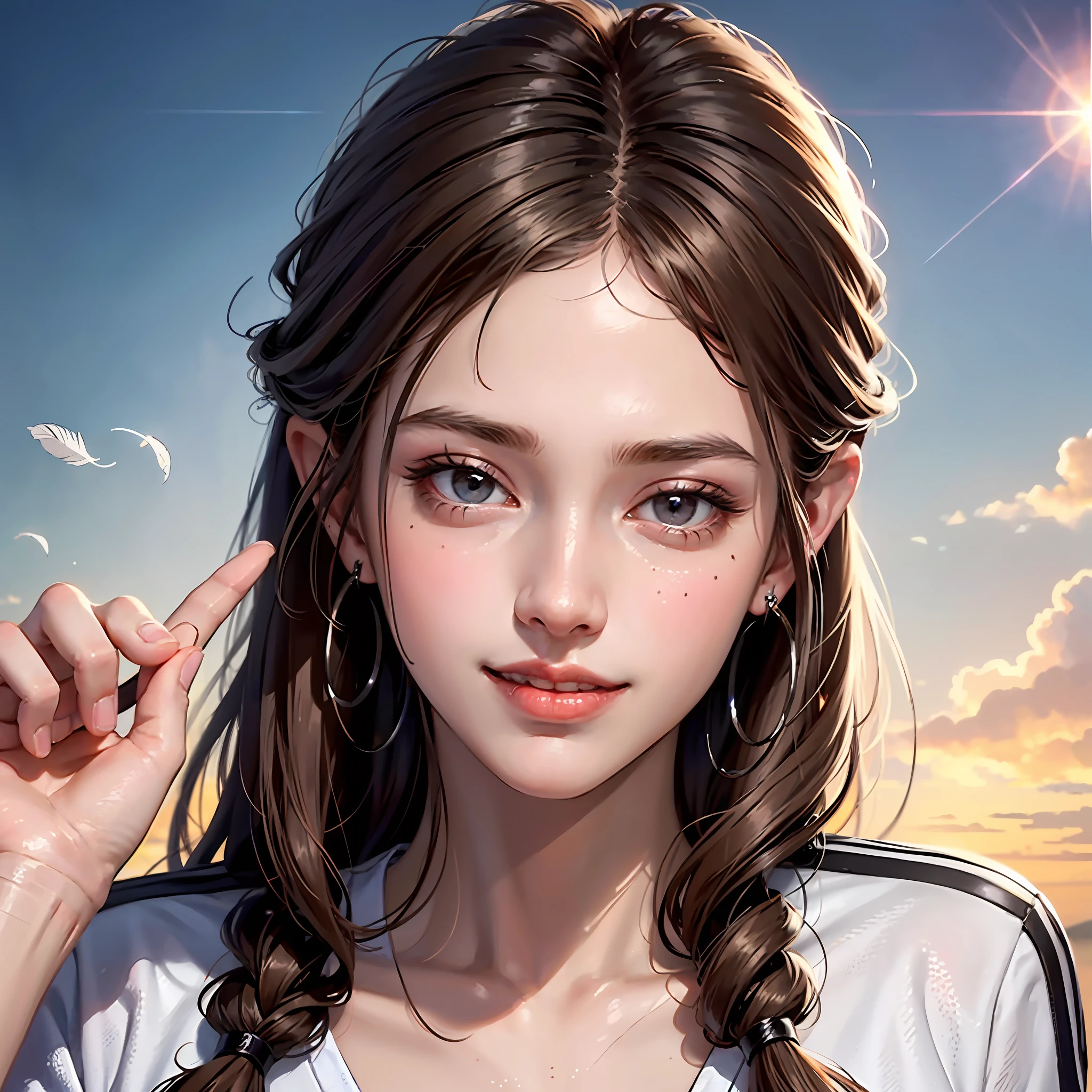 Low ponytail, bangs, Light brown hair, Light brown hair, Light brown hair, track suit, feathers hair ornament, Hairpin,Love pupils Pointy ears, fingersmile, High detail, Renaissance, Cinematic lighting, full body pov，wide wide shot, Lens flare, kanon, 8K, Super detail, hyper HD, Masterpiece, hyper HD ， --auto