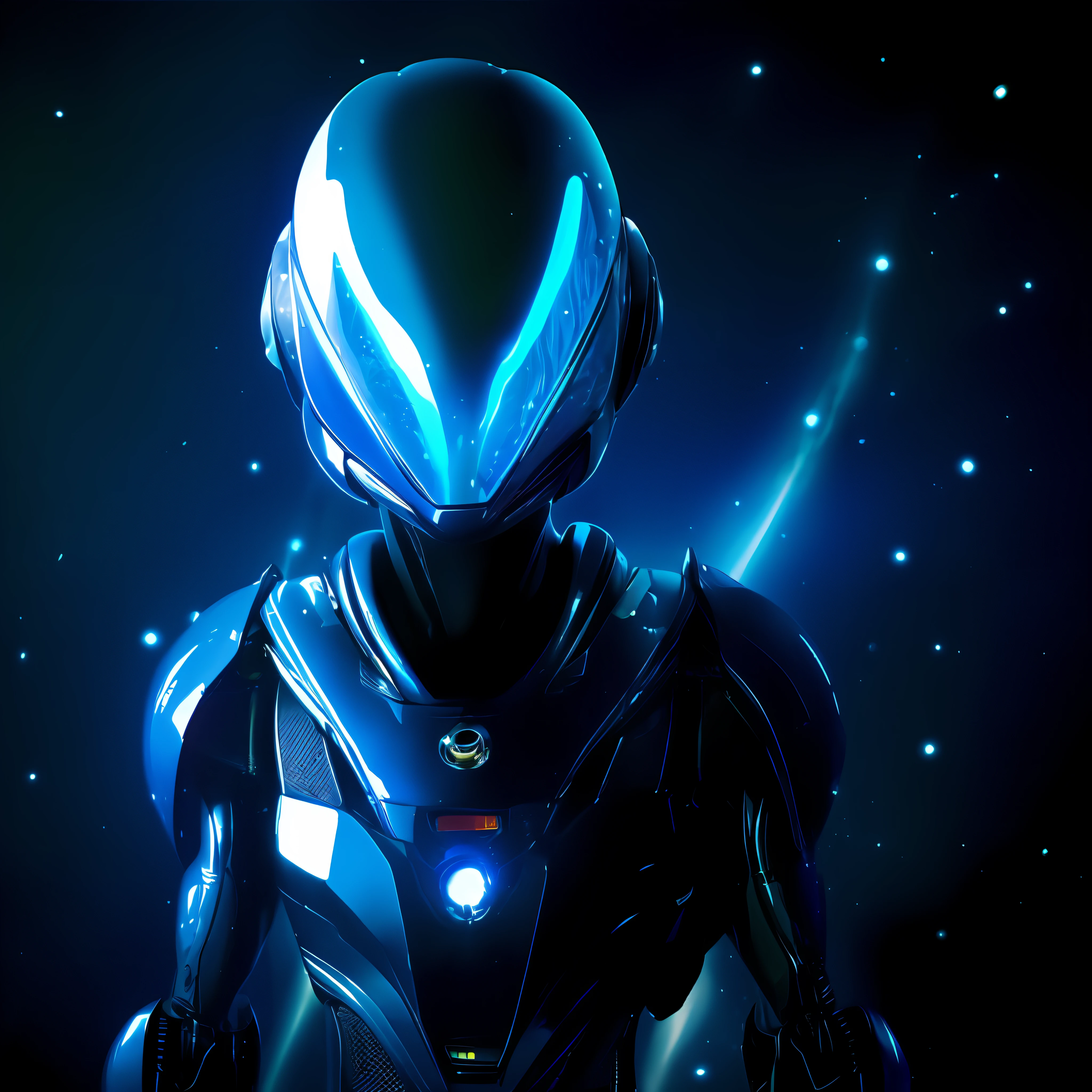 Alien robot, con traje de astronauta humano de color negro, Electric blue viewfinder
