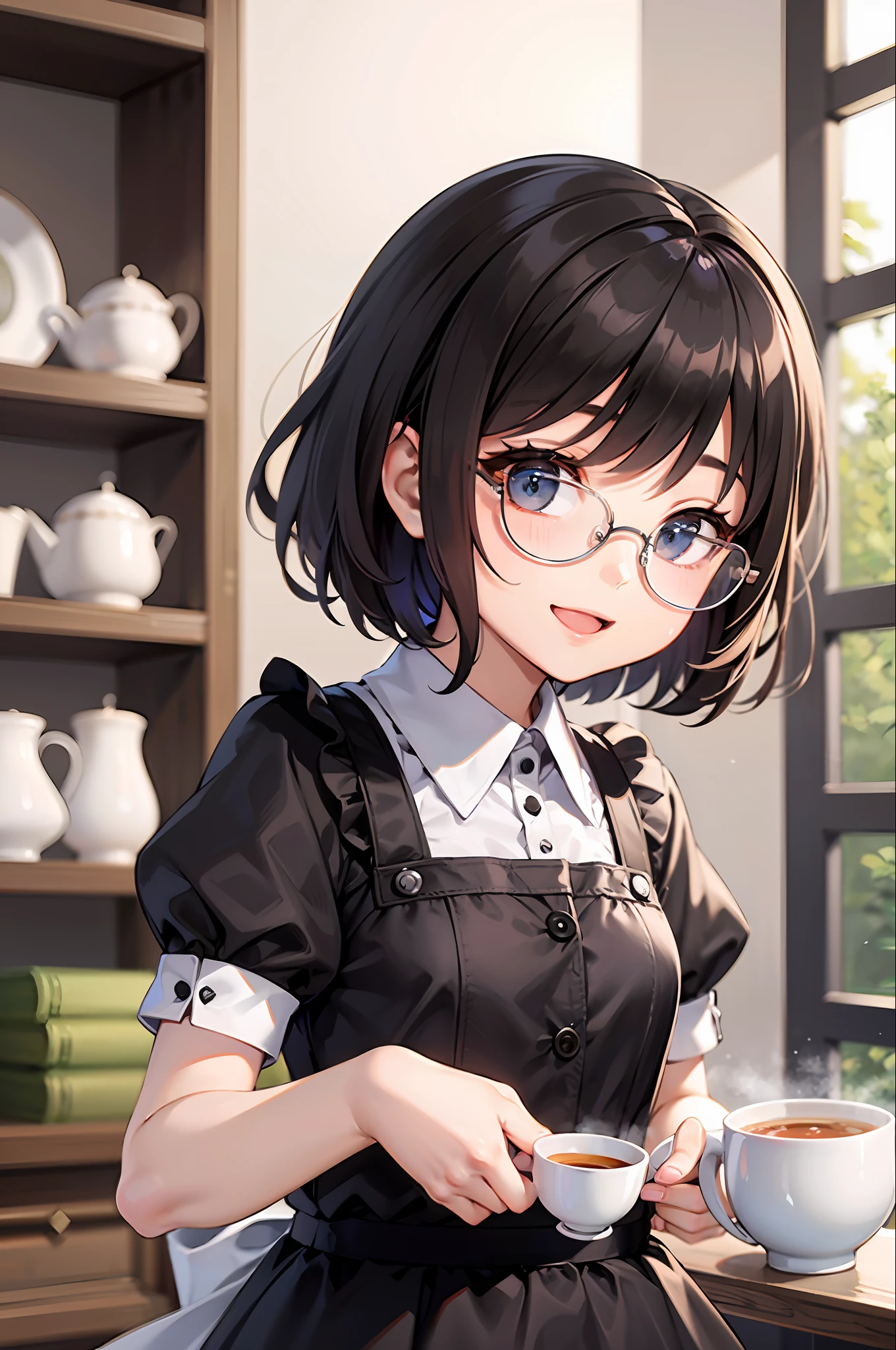 top-quality、超A high resolution、1 -yeld giShort hair、Dark hair、hair adornments、eye glasses、Infant body type、maid clothes、tea shop、Katyusha、:D、