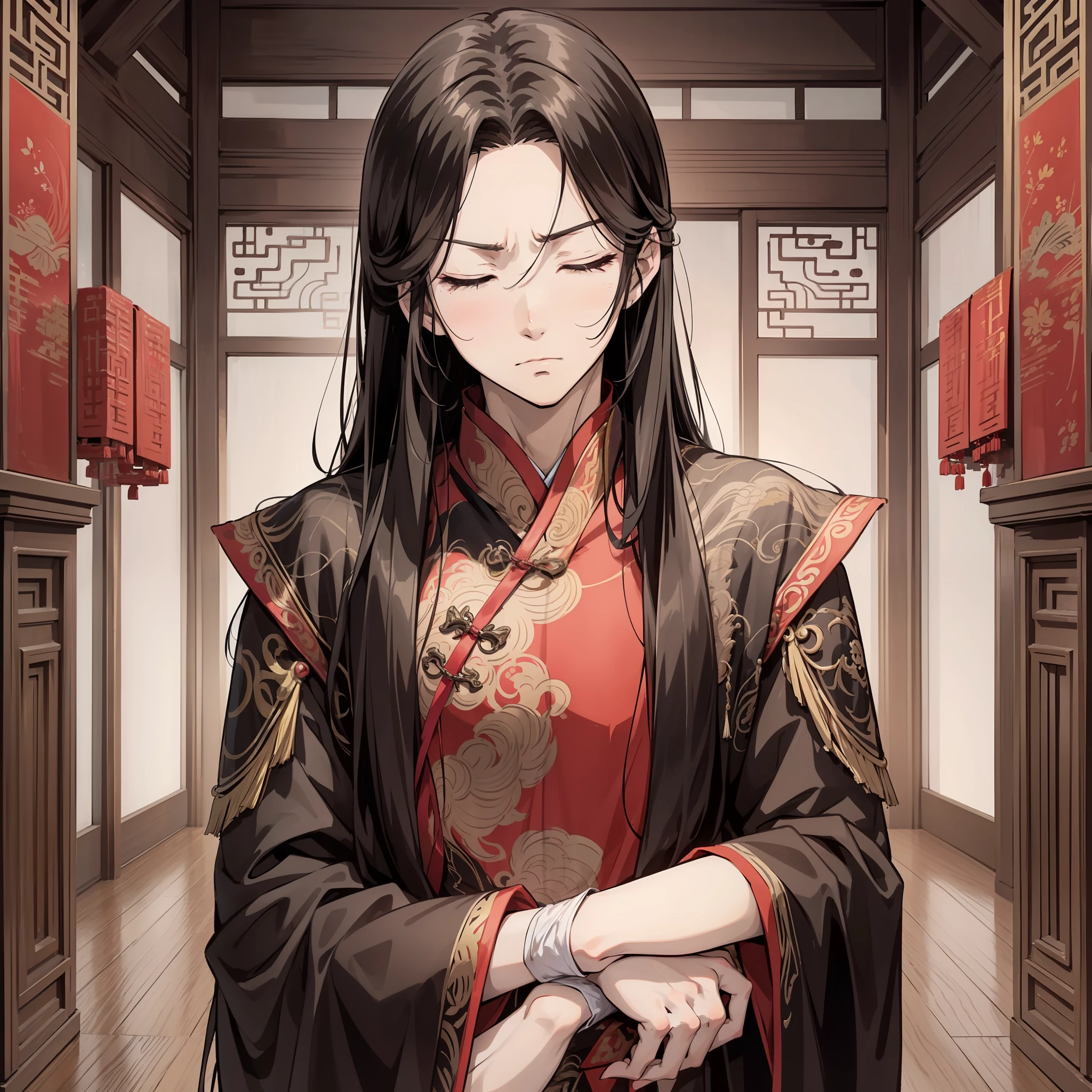 Ancient Chinese black long hair and about 18 years old anime young man wearing red wedding banquet Han costume, (frown expression 1.5) (hand support forehead action 1.2) (closed eyes 1.2) (background is ancient Chinese room 1.5) anime style 4 K, anime rendering, anime style. 8k, handsome anime face, handsome costume boy (upper body display 1.5) (handsome boy 1.3) (movie light 1.5) vicissitudes 1.5