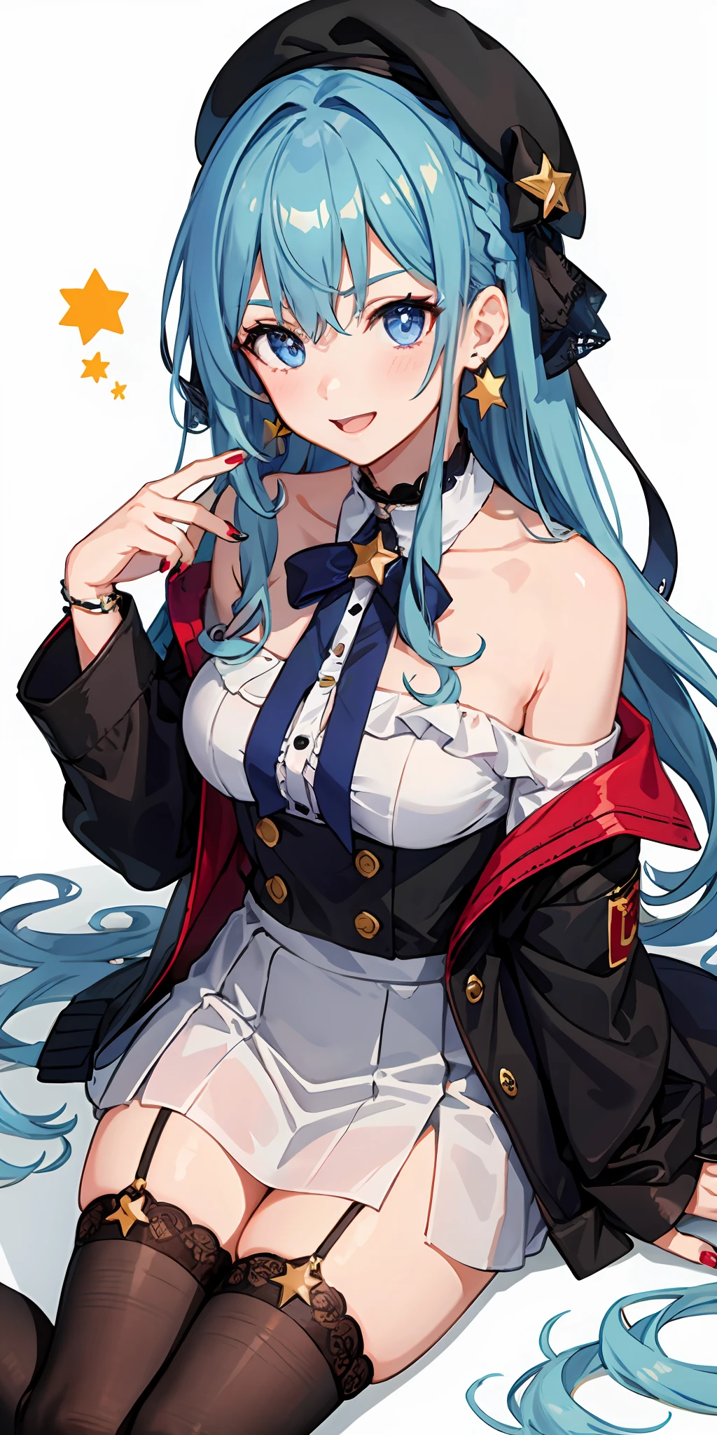 1girl, bangs, beret, black_headwear, blue_eyes, blue_hair, blush, bow, buttons, choker, earrings, eyebrows_visible_through_hair, fingernails, from_above, hair_between_eyes, hair_ribbon, hand_up, hat, hoshimachi_suisei, jacket, jewelry, lace, lace_trim, long_hair, long_sleeves, looking_at_viewer, nail_polish, neck_ribbon, off_shoulder, open_mouth, orange_legwear, purple_eyes, ribbon, shirt, simple_background, smile, solo, star_\(symbol\), star_in_eye, virtual_youtuber, white_background