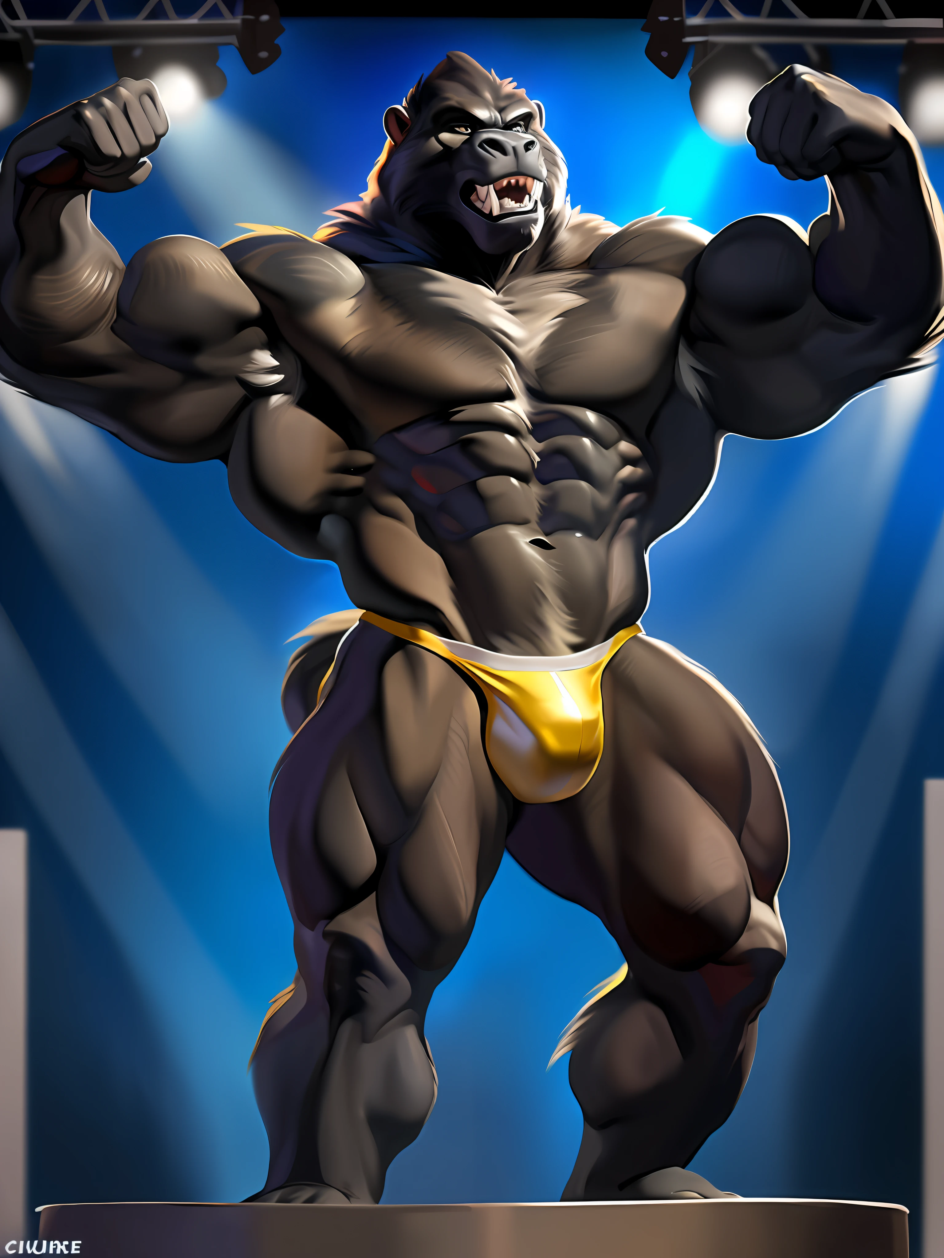 4k, high resolution, best quality, perfect colors, perfect shadows, perfect lighting, posted on e621, furry body, solo, anthro gorilla, alpha male, confident look, (middle-aged:1.2), full height, brutal, (very muscular, abs, massive build, manly, beefy:1.2), bare torso, correct anatomy, (photorealistic fur:1.4), detailed bottomless background, venue background, flashes, bodybuilding contest, (correct hands), artificial lighting, (by Chunie), (bodybuilding competition posing:1.4), (posing thong:1.2), bulge, oiled fur, view from below, (roaring)