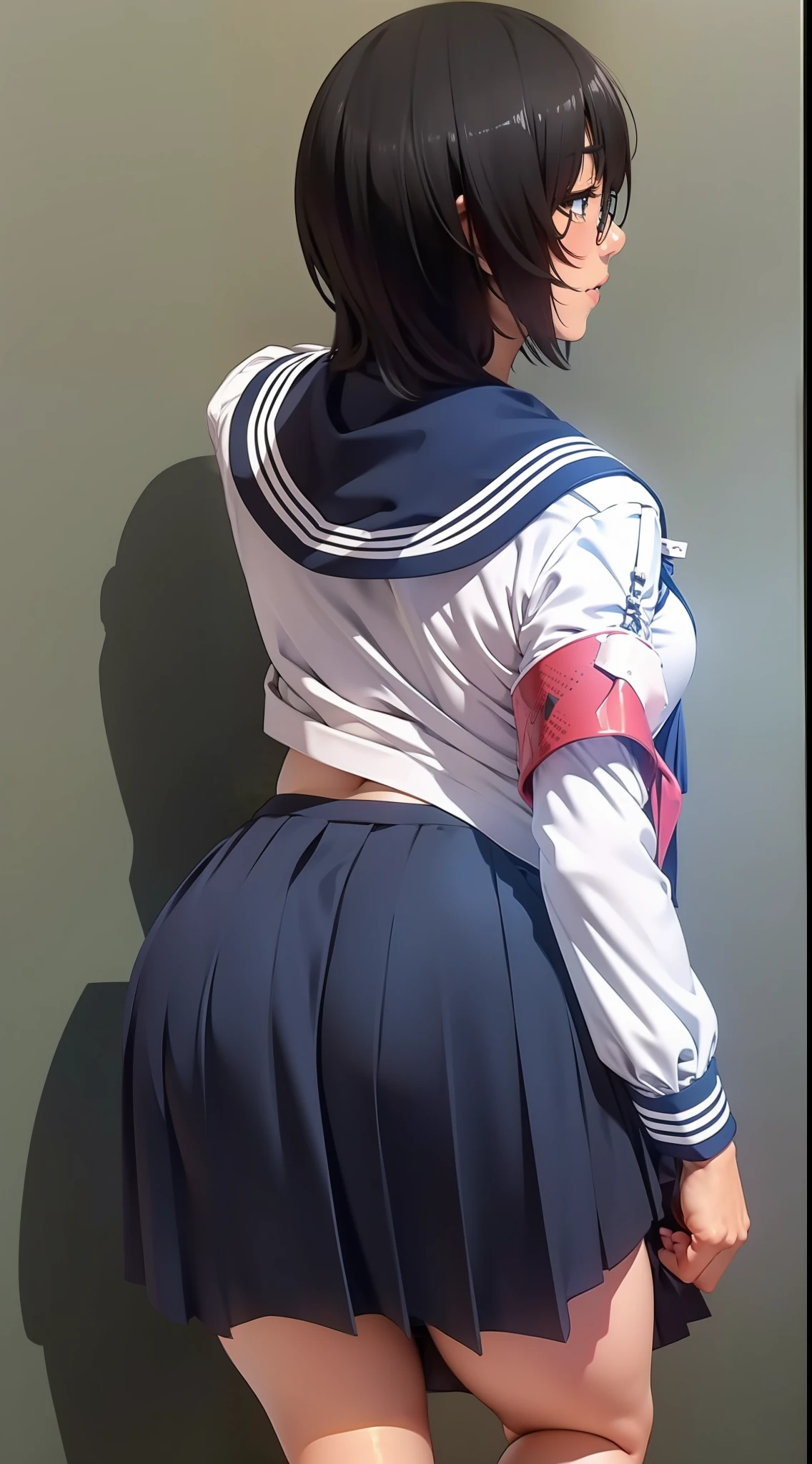 Suzuka, black hair, shirt hair, atarashii gakko!!, white/blue seifuku school outfit, breasts, white sling thong, blue skirt, socks, and ballet shoes, 1girl, close up wallpaper, sexy, ass, back of view, glancing, standing up, tight skirt, hands placed on her skirt/waist