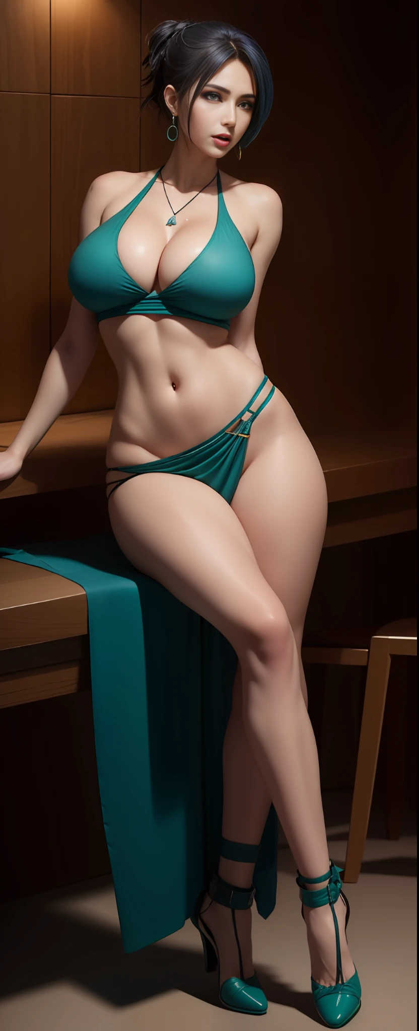 simple background, Leona Heidern in a chair, (perfect face), Leona Heidern hairstyle, dark blue hairstyle, earrings, wet face, defined jawline, tongue out, beautiful green eyes, necklace, beautiful lips, sexy, oiled body, realistic, cocktail dress, perfect detailed shoulder, very huge breast, very big breast, teasing, soft natural breast, realistic breast physics, god rays, detailed skin, realistic shadows, unreal engine 5, cinematic color filter, standing up, full body pose, heels, detailed bright skin, sexy detailed stomach, belly button, detailed ass, seductive eyes