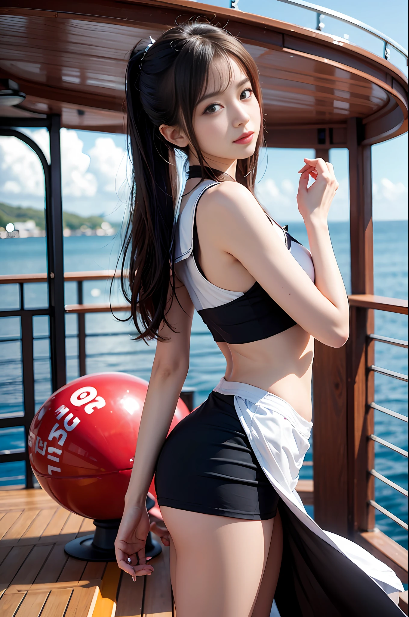 On the deck of a luxury cruise ship，mast，buoy，Pose for photos in loose sailor suits and short skirts，Slim girl model，ff Tifa，24 years old female model，double-ponytail，Unilateral bangs，