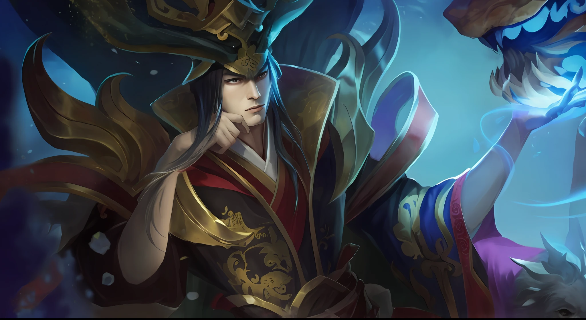 uma mulher em um vestido vermelho segurando uma luz azul, inspirado por Huang Shen, Heise Jinyao, inspirado em Shen Zhou, Guan Yu, xianxia hero, arte detalhada Onmyoji, Retrato de Onmyoji, inspirado por Li Kan, Onmyoji, Bian Lian, inspirado em Huang Ding, inspirado em Hu Zaobin, Zhao Yun