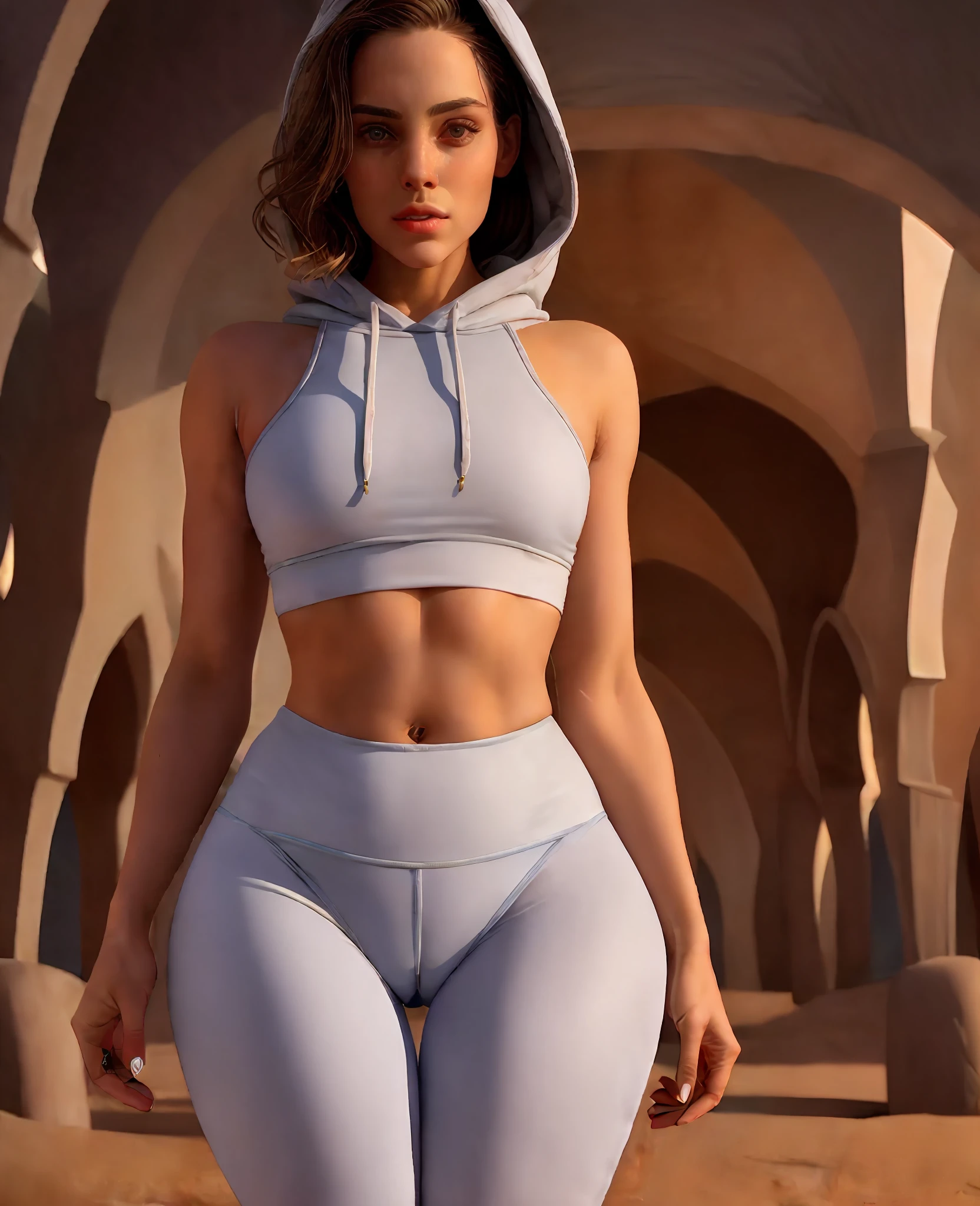 best quality, masterpiece, wearing leggings and a crop top hoodie, ????????, thigh gap,  slim, petite, detailed facial features, detailed, symmetry, cinematic lighting, ????????
