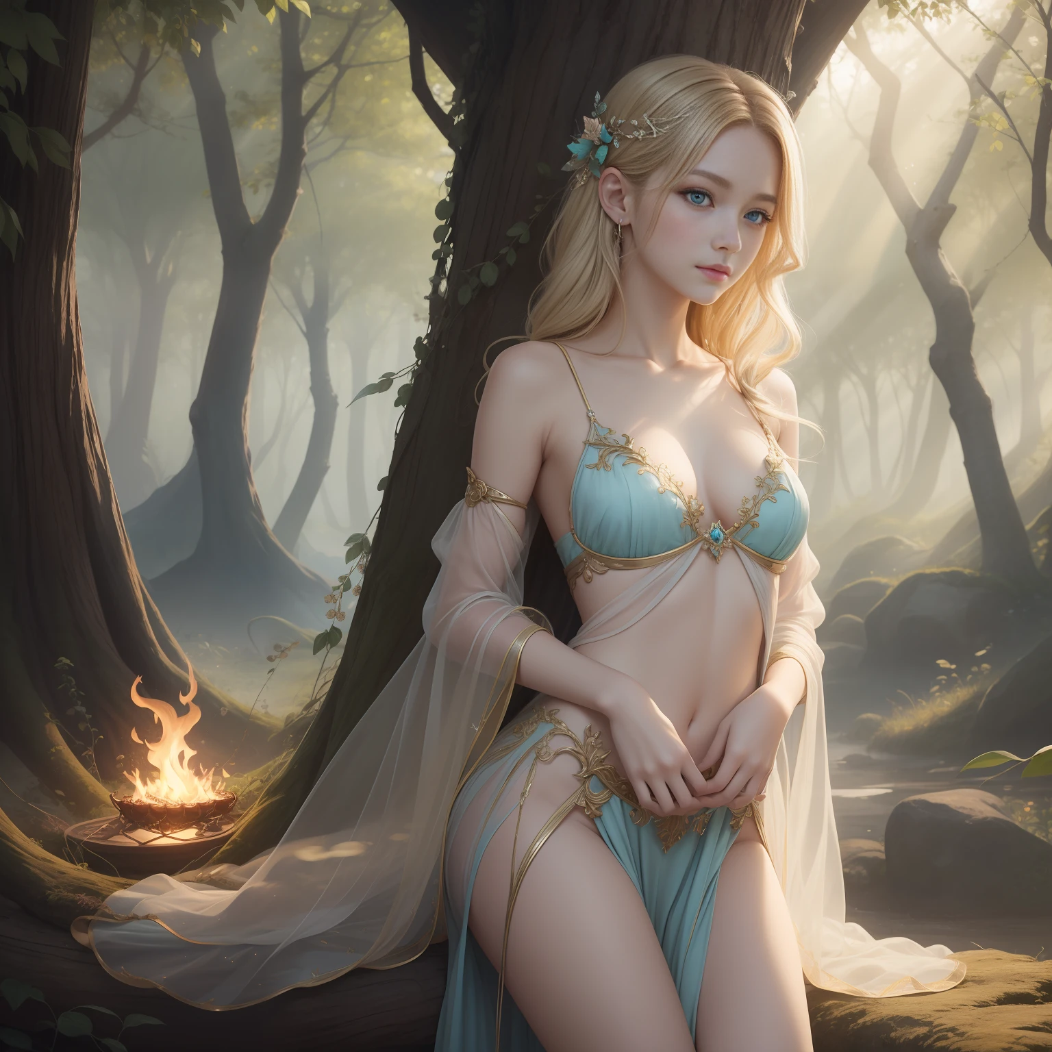 （​masterpiece）8K分辨率、top-quality、Fairy of Light with Fire Around、beige blonde hair、Turquoise eyes、Hazel Eyes、Delicate body、fantasy-inspired、The tree々Sunlight background shining in from between、Delicate full-body image