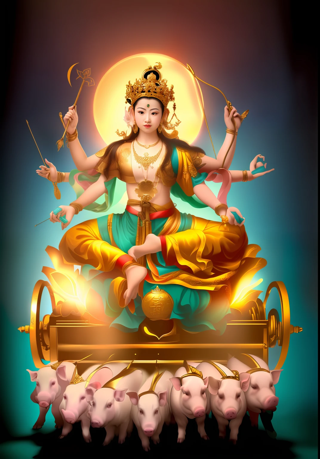 tmasterpiece,Ultra-clear resolution,The beautiful female bodhisattva is three-headed and eight-armed,Sitting on a lotus on a golden cart,A total of eight hands hold various magic weapons,The ones on the right-hand side are;axe、arrow、stitches,The left hand holds the same;the bow、Cord、ligne,Bodhisattvas have fair skin,Wearing a golden crown,Bundle hair blonde,jewelry,Yingluo,Light blue dress,There are seven small golden pigs pulling carts side by side in front,There is a round light behind the bodhisattva,The light shines,Blue sky in the background,The characters come to life,Shadows are clear,The lighting is a front light,The light is uniform and bright,The characters are bright and natural,Photographic techniques,