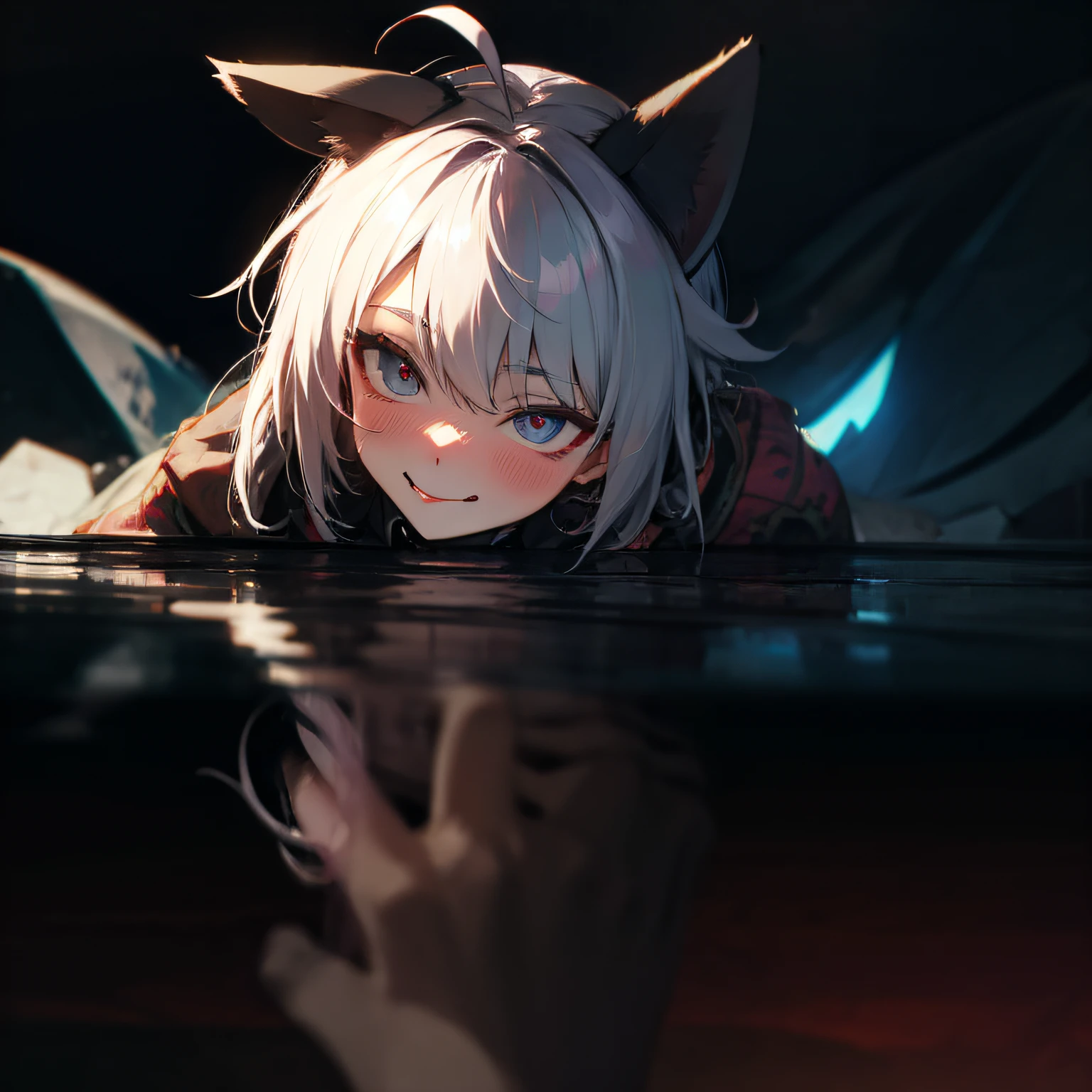 hair bobbles, wince, longeyelashes, solid circle eyes, fake animal ears, light smile, ear blush, fang, ahoge, white hair, blush, licking lips, tongue, Surrealism, drop shadow, anaglyph, stereogram, tachi-e, pov, atmospheric perspective, 8k, super detail, ccurate, best quality, UHD --auto