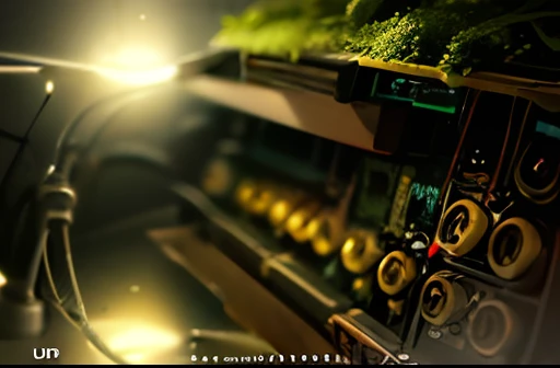 Inspired by Levon Biss's macro photography, create a detailed close-up of an old abandoned used vintage synth covered in moss underwater, intricate details, realistic textures,(air bubbles), wires, led lights, high quality macro photograph masterpiece, award winning, moody, dof, cinematic lighting