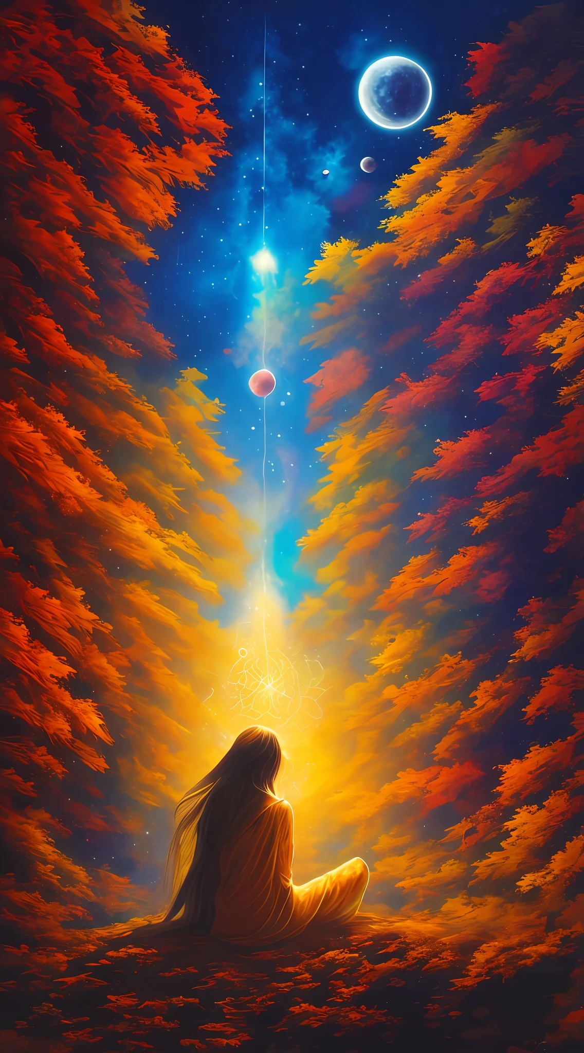 (obra maestra), La mejor calidad, una pintura caracterizada por la imagen de un impresionante Yogui, A cosmic and ethereal light full of mystery and wonder, spiritual atmosphere, influenced by Hindu mythology and the beauty of the cosmos, una obra maestra que combina la majestuosidad celestial, con una paleta de colores exquisita y vibrante, An enigmatic perspective and a detailed shading technique, thus capturing a vibrant and magical image.