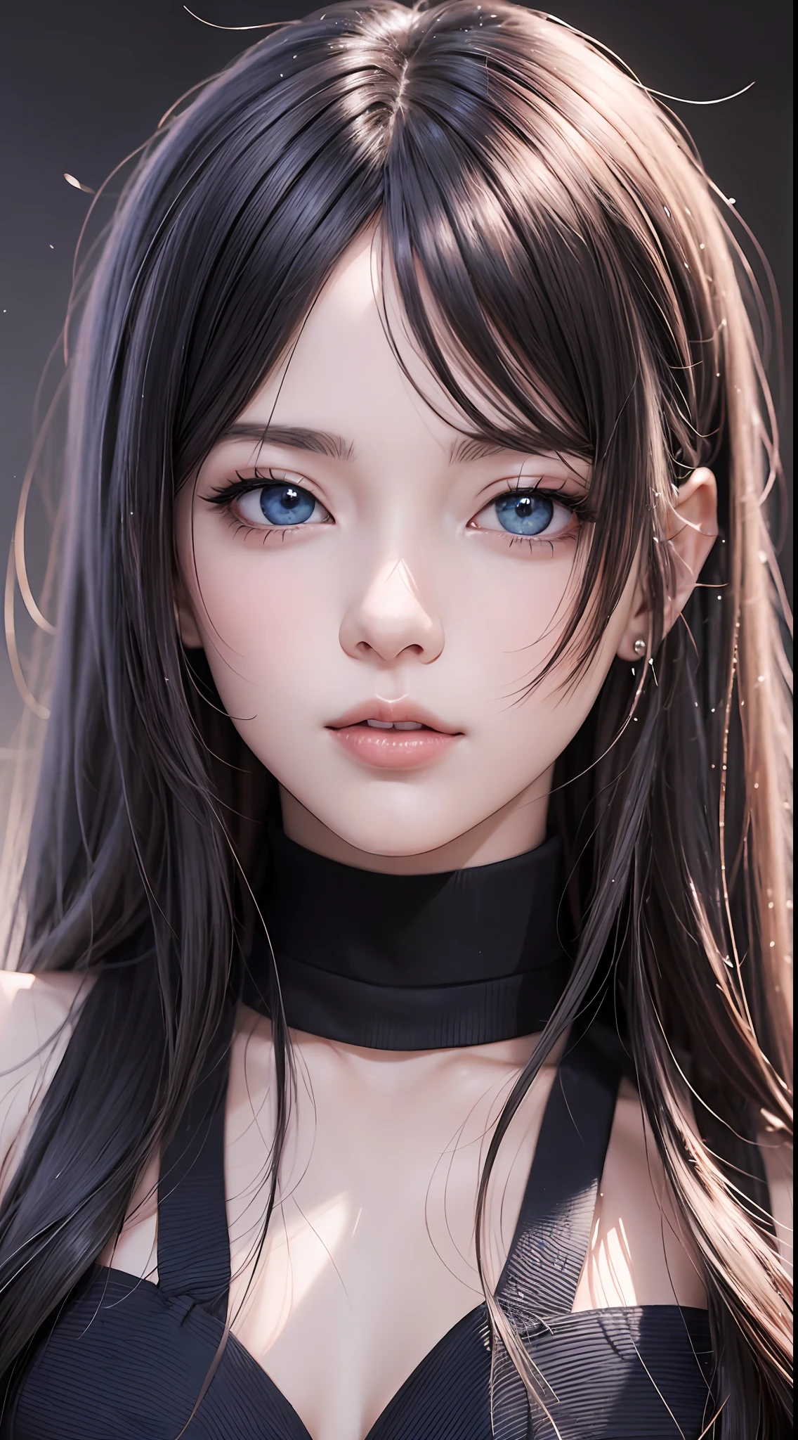 Anime girl with long black hair and blue eyes,Smooth anime CG art,Realistic anime 3 D style,Realistic anime art style,Detailed digital anime art,Digital anime illustration,Realistic anime art style,Kawaii realistic portrait,detailed portrait of an anime girl,a beautiful anime portrait,photorealistic anime girl rendering,Realistic young anime girl, portrait anime girl,full bodyesbian,Landscape exterior