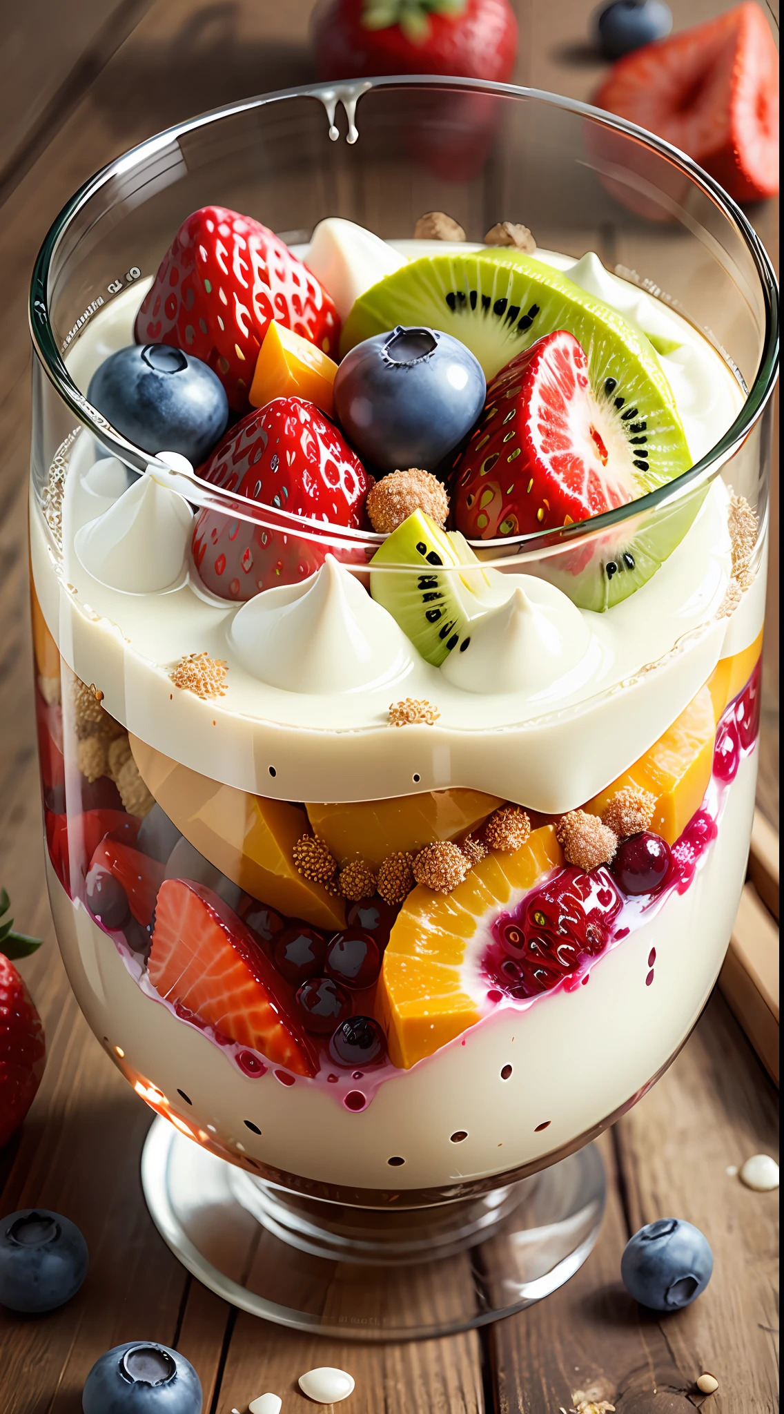 (((Multi-layered jelly))) glass, stained glass windows, Multi-colored highlights, tmasterpiece, Top Quality, Experience, Chic, Boho-chic, a gold, utensil, kettle, a cup, plate, crystals, with floral print, 2 tablespoons chia seeds 1 cup milk (can be cow's milk, vegetable milk or yogurt) 1 teaspoon vanilla extract of your choice (optional) Chopped fresh fruits (For example, strawberries, kiwi, mango, blackberry, raspberry, cherry, carom, blueberries, etc.) Marengo, cookies, for topping --auto --s2