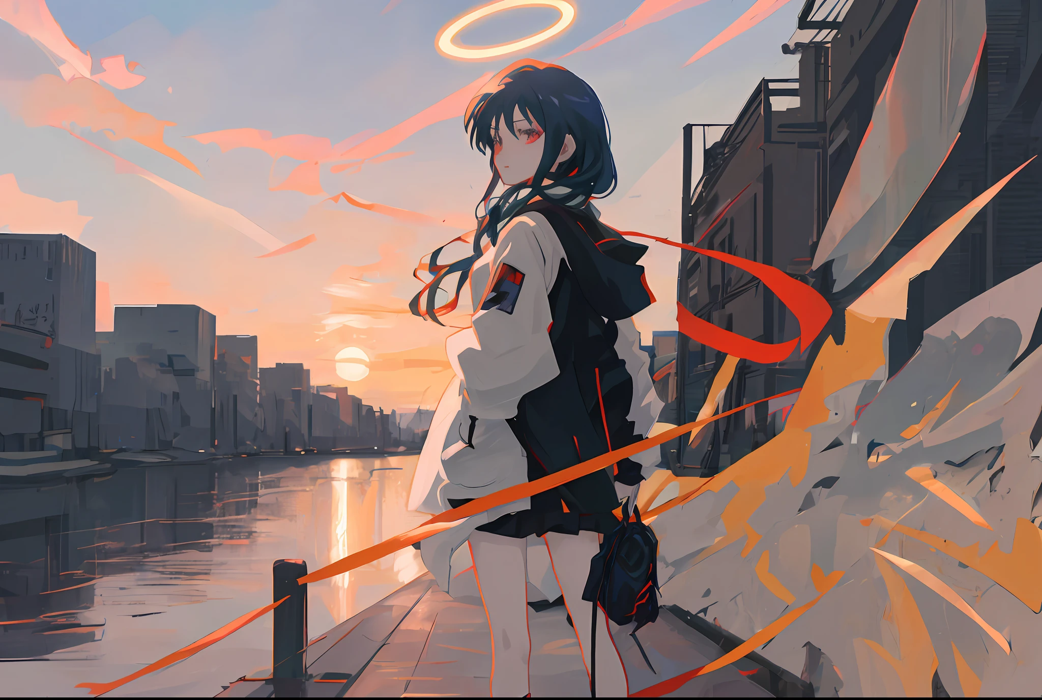 Anime girl standing in front of city with angel halo, style of anime4 K, Anime art wallpaper 8 K, Anime art wallpaper 4k, Anime art wallpaper 4 K, Anime style. 8K, anime art style, , anime styled digital art