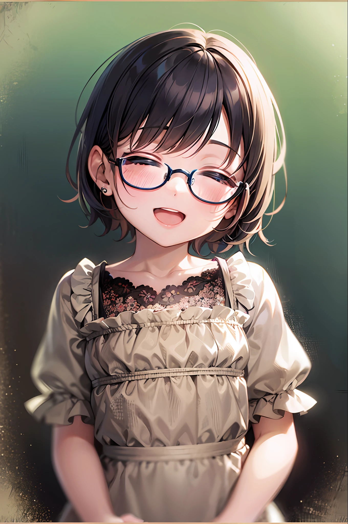 top-quality、超A high resolution、1 -yeld giShort hair、Dark hair、hair adornments、eye glasses、Infant body type、:D、closed eyes