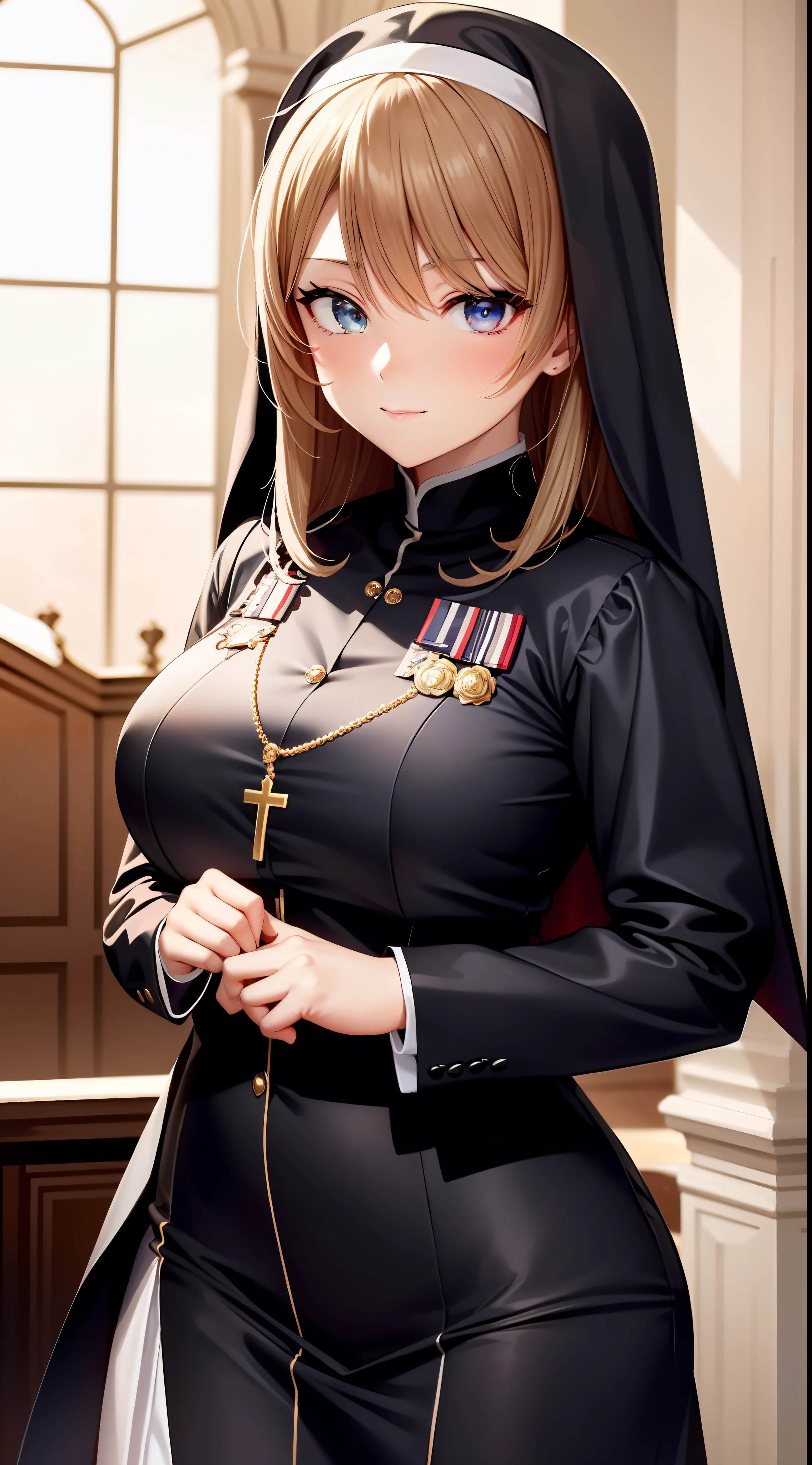 A woman in a black dress and a nun's costume, Fine details. Girl Front, anime maid ss military, from girls frontline, nun outfit, wearing black uniform, Girls Frontline CG, wearing a black noble suit, girls frontline style, gilded black uniform, in black military uniform, marisa kirisame, nun, Anime girl wearing black dress, Fine details. Anime
