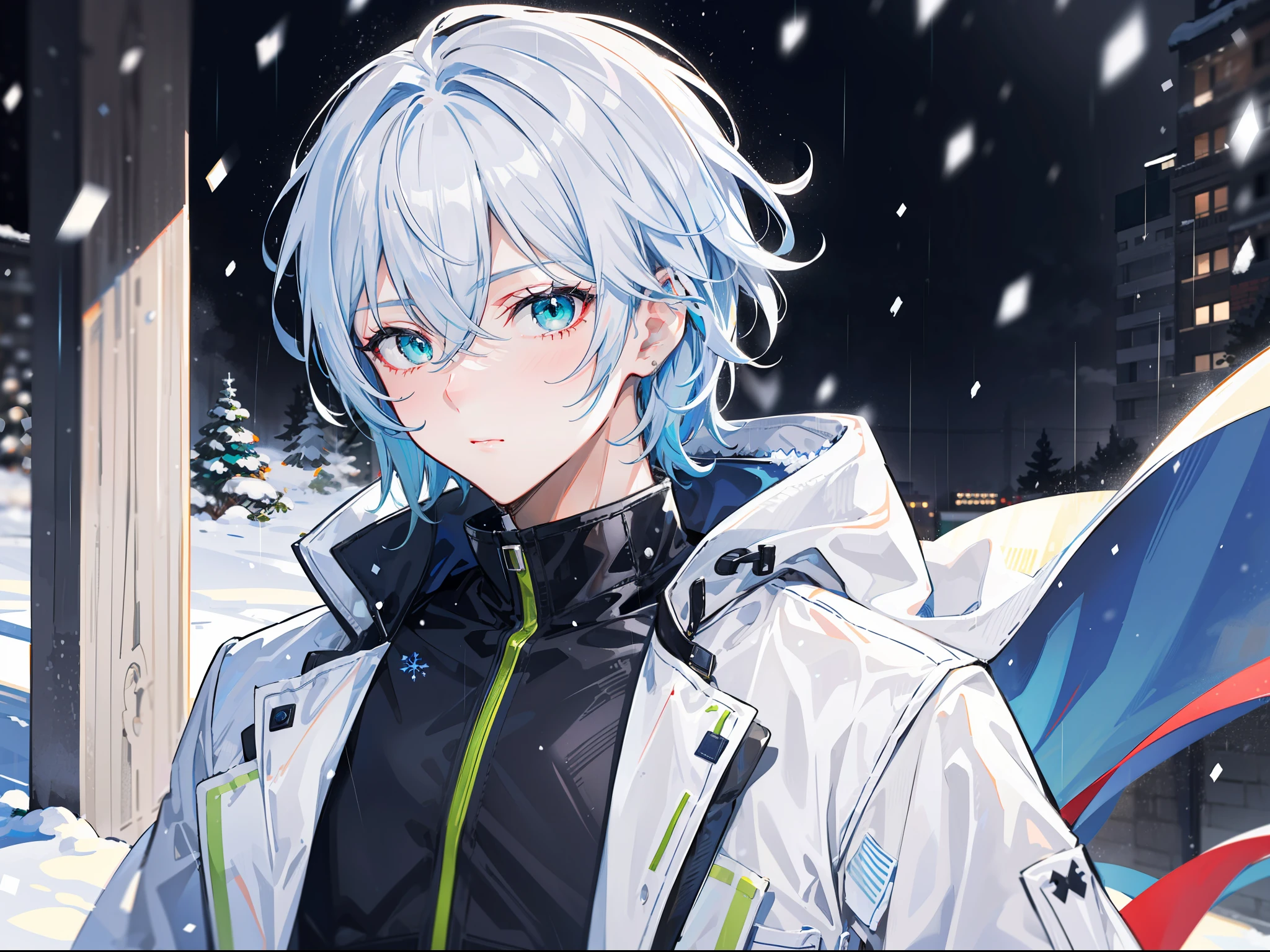 "Calm raining snow atmosphere, stunning 4k artwork featuring a confident handsome male short modern style hair. His eyes glowing green. he was wearing a white snow modern coat and gloves, portrait"