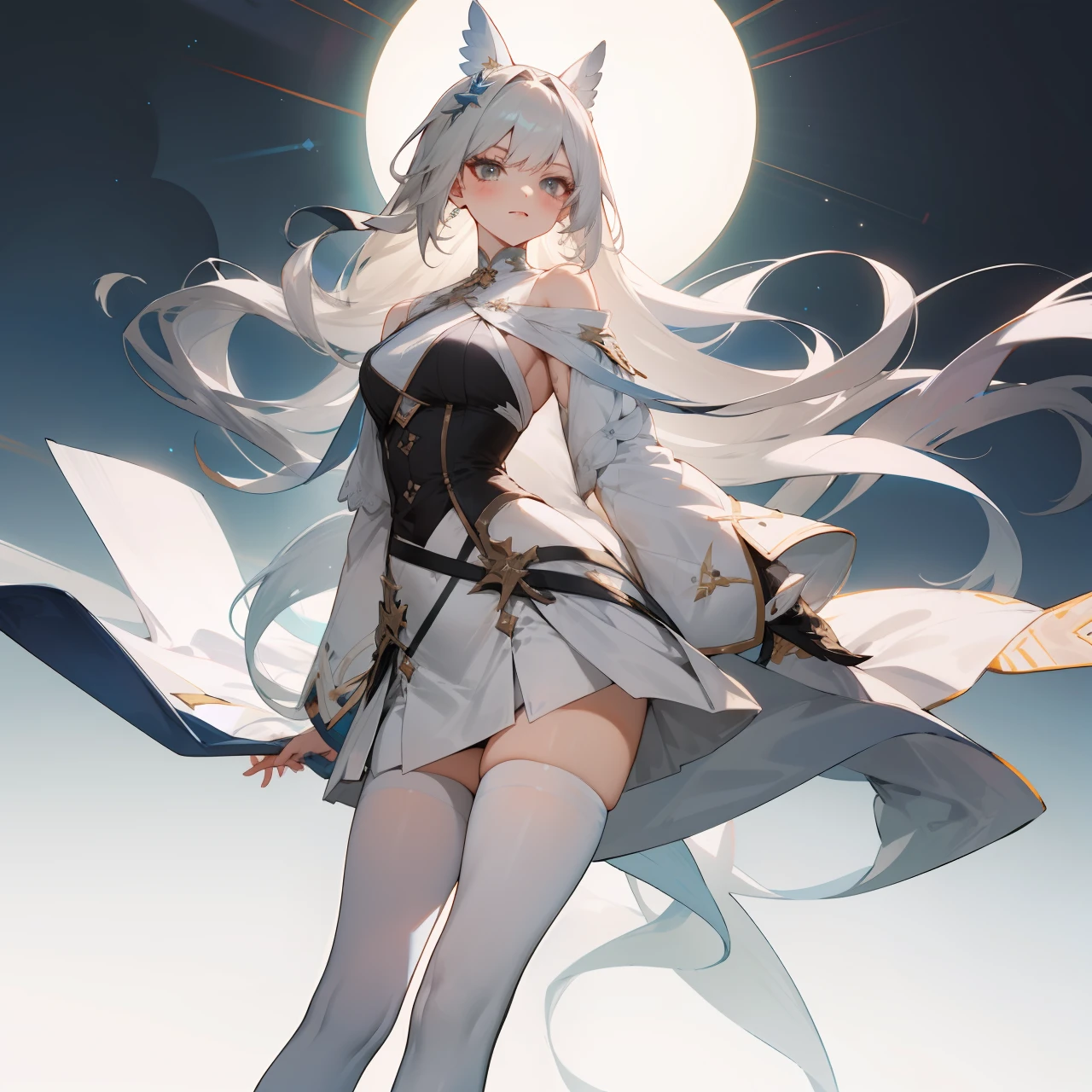 Beautuful Women,white stockings,Gray hair,Wear JK,showing waist,Long hair,Large chest