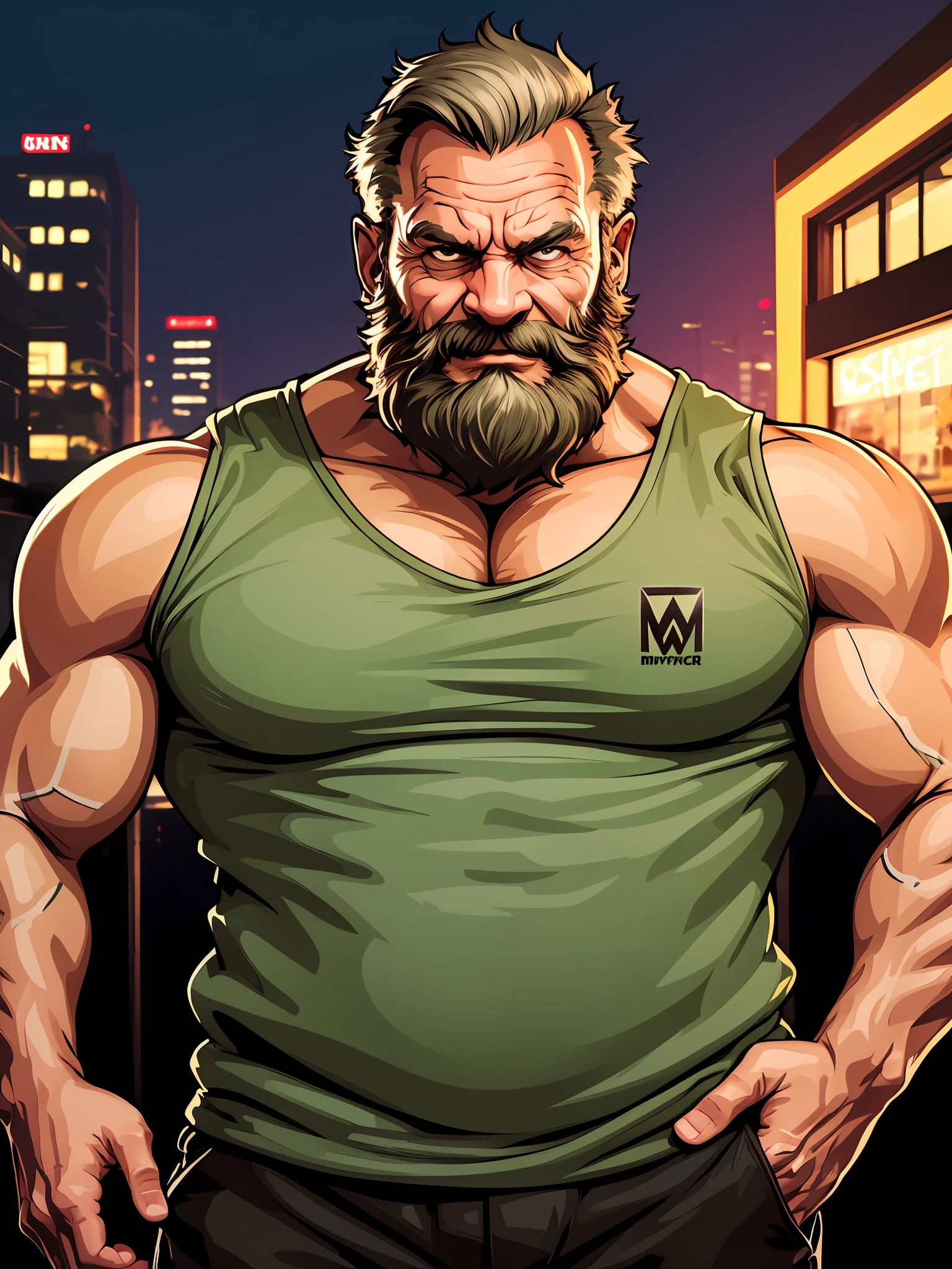 a portrait muscular old man standing wearing tank top, half body, mwvector, city background
