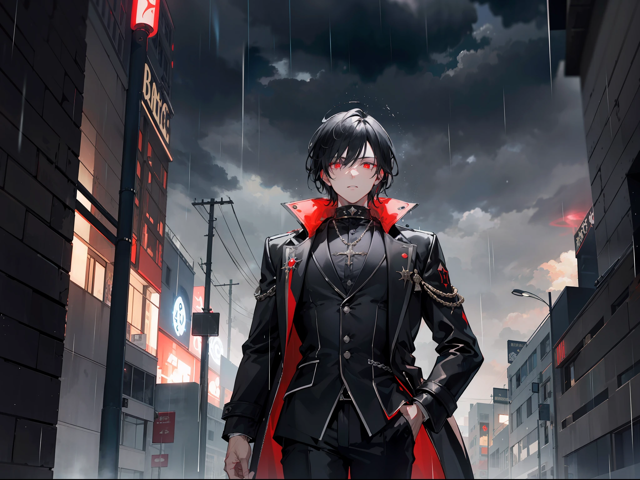 "Epic dark city raining atmosphere, stunning 4k artwork featuring a confident mature man with short modern style center split glowing black hair. His red eyes and glow in the dark. he was wearing a black sedt coat. He was the leader of a heretical sect"