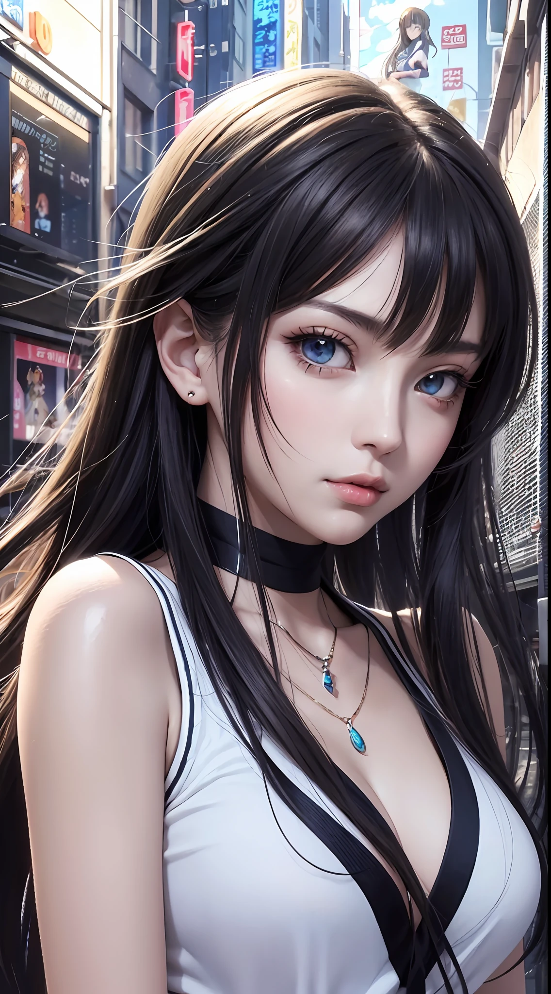 Anime girl with long black hair and blue eyes，Smooth anime CG art，Realistic anime 3 D style，Realistic anime art style，Detailed digital anime art，Digital anime illustration，Realistic anime art style，Kawaii realistic portrait，detailed portrait of an anime girl，a beautiful anime portrait，photorealistic anime girl rendering，Realistic young anime girl， portrait anime girl,Wear high heels，streetview。