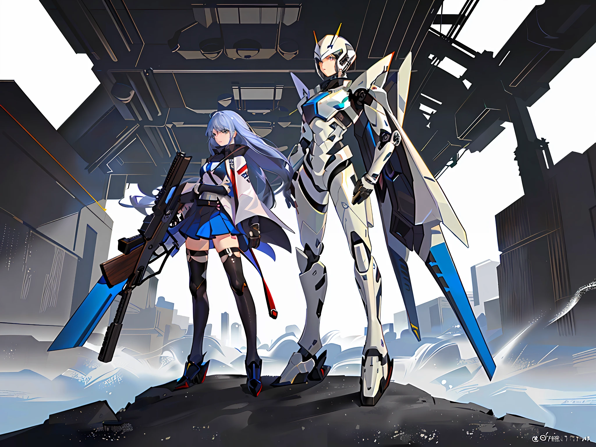 A girl with long blue hair holding a sniper rifle，Mecha-wearing equipment，Stand on the spaceship